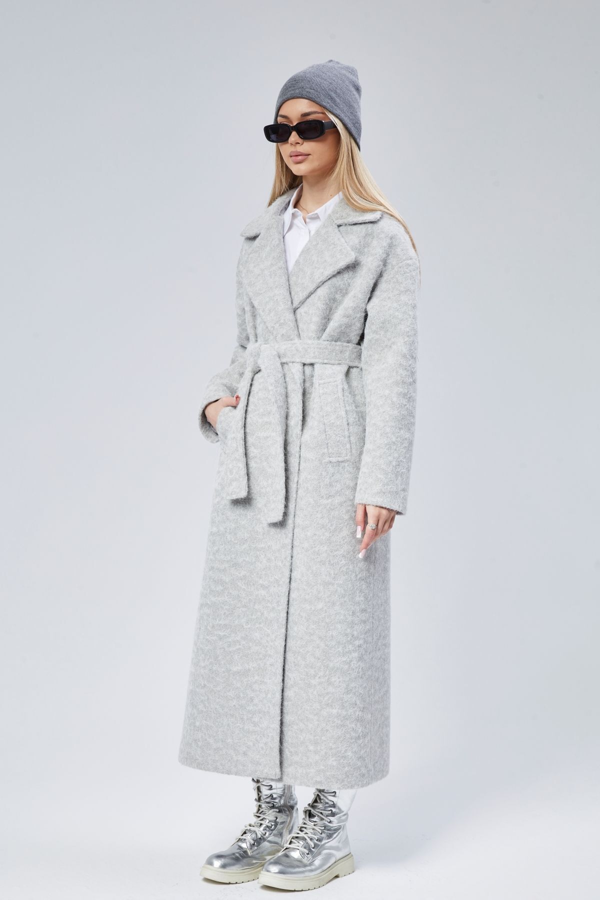 Bolivente  Gri Buklet Kaşe Oversize Kaban - Görsel 2