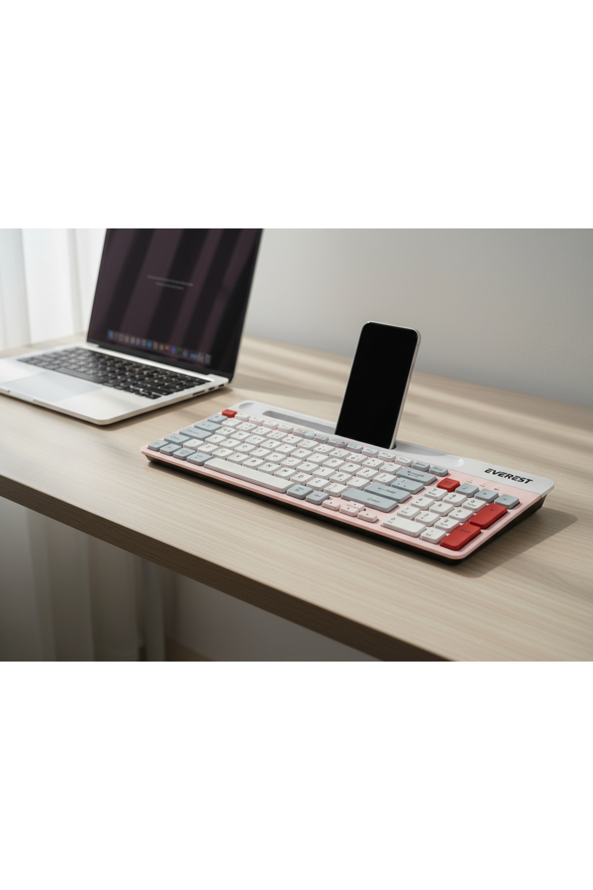 Everest RUBY Pembe/Beyaz/Gri 2.4G+BT1+BT2 Çoklu Cihaz Bağlantılı Q Klavye