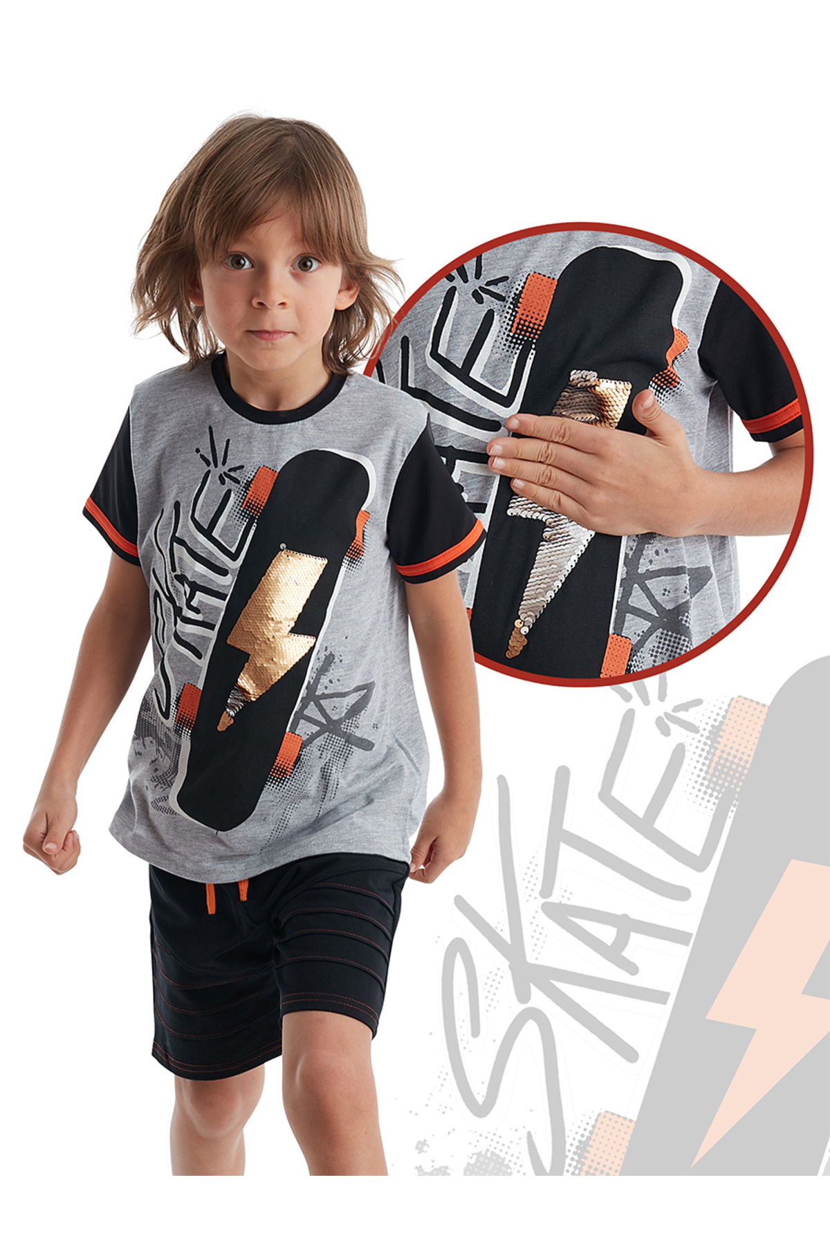 ست تی‌شرت و شلوارک پسرانه پولک‌دوزی شده Thunder مدل Changeling