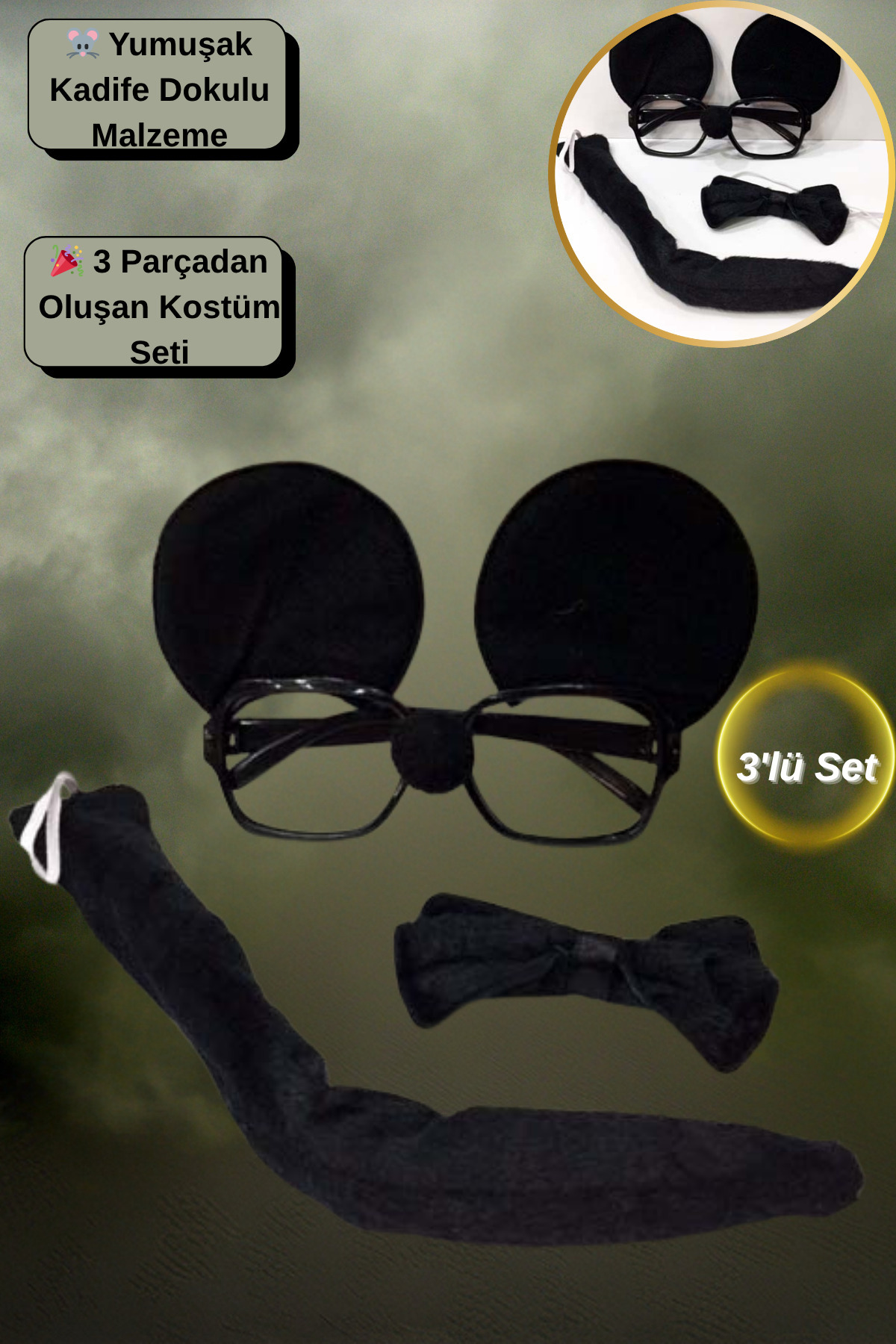 Tamsena Store 3'llü Siyah Sevimli Fare Kostüm Seti – Gözlük, Papyon ve Kuyruk (3’lü Parti Aksesuarı)