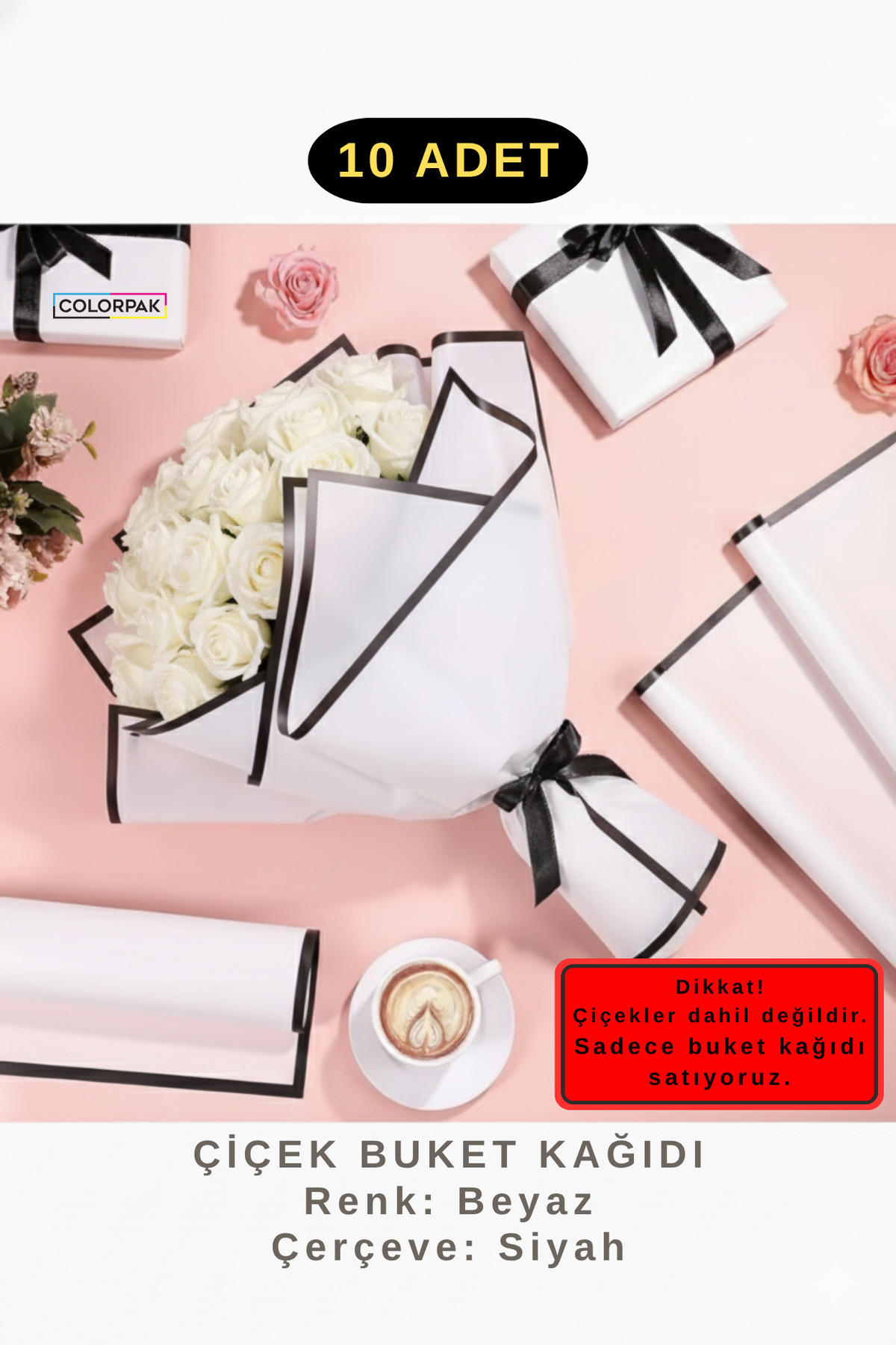 COLORPAK Çiçek Buket Ambalaj Jelatin Kağıdı (BEYAZ ZEMİN VE SİYAH KENARLI) Mat Opp 55x55cm (10 ADET)