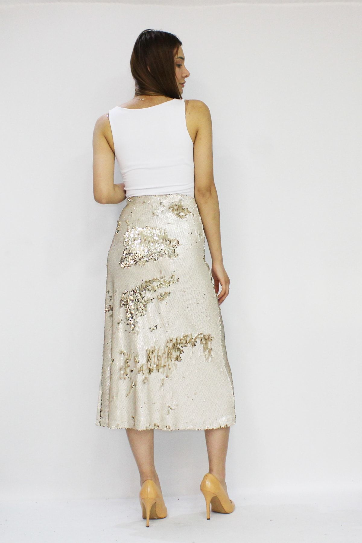 VENTİUP  Altın Rengi Bej Çift Renkli Payetli Uzun Kadın Etek - Görsel 3