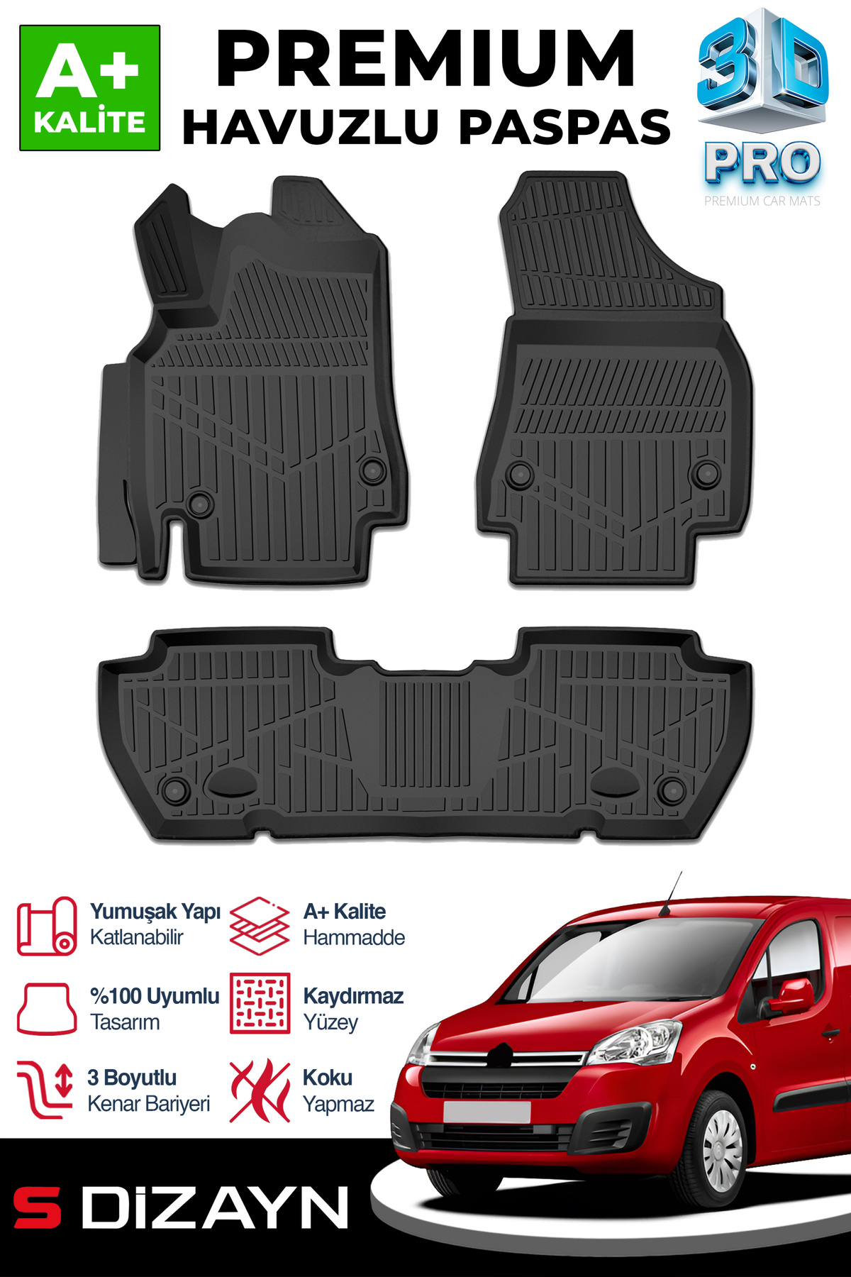 S Dizayn S-Dizayn Citroen Berlingo 3D Pro Havuzlu Paspas 2008-2018 Üzeri A+ Kalite 3DS-SDZ300