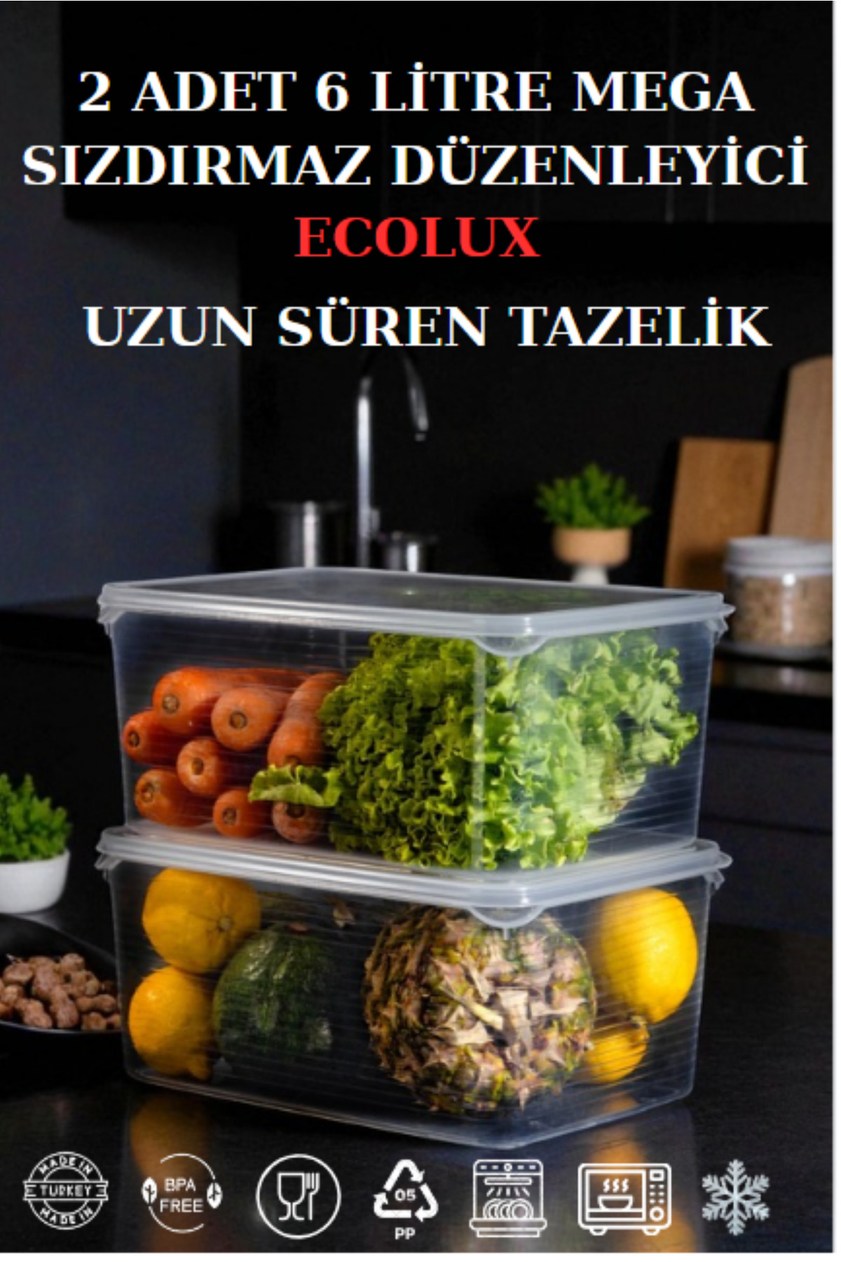 Ecolux 2 Adet MEGA Vakumlu Sızdırmaz Sebzelik Saklama Kabı Seti 6 Litre - Şeffaf - Buzdolabı Düzenleyici