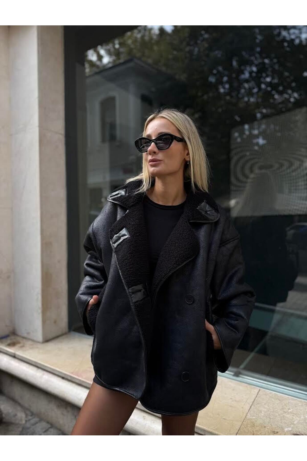 NET OF NOT Else Siyah Dokulu Süet Içi Peluşlu Oversize Zr Model Mont görsel 6