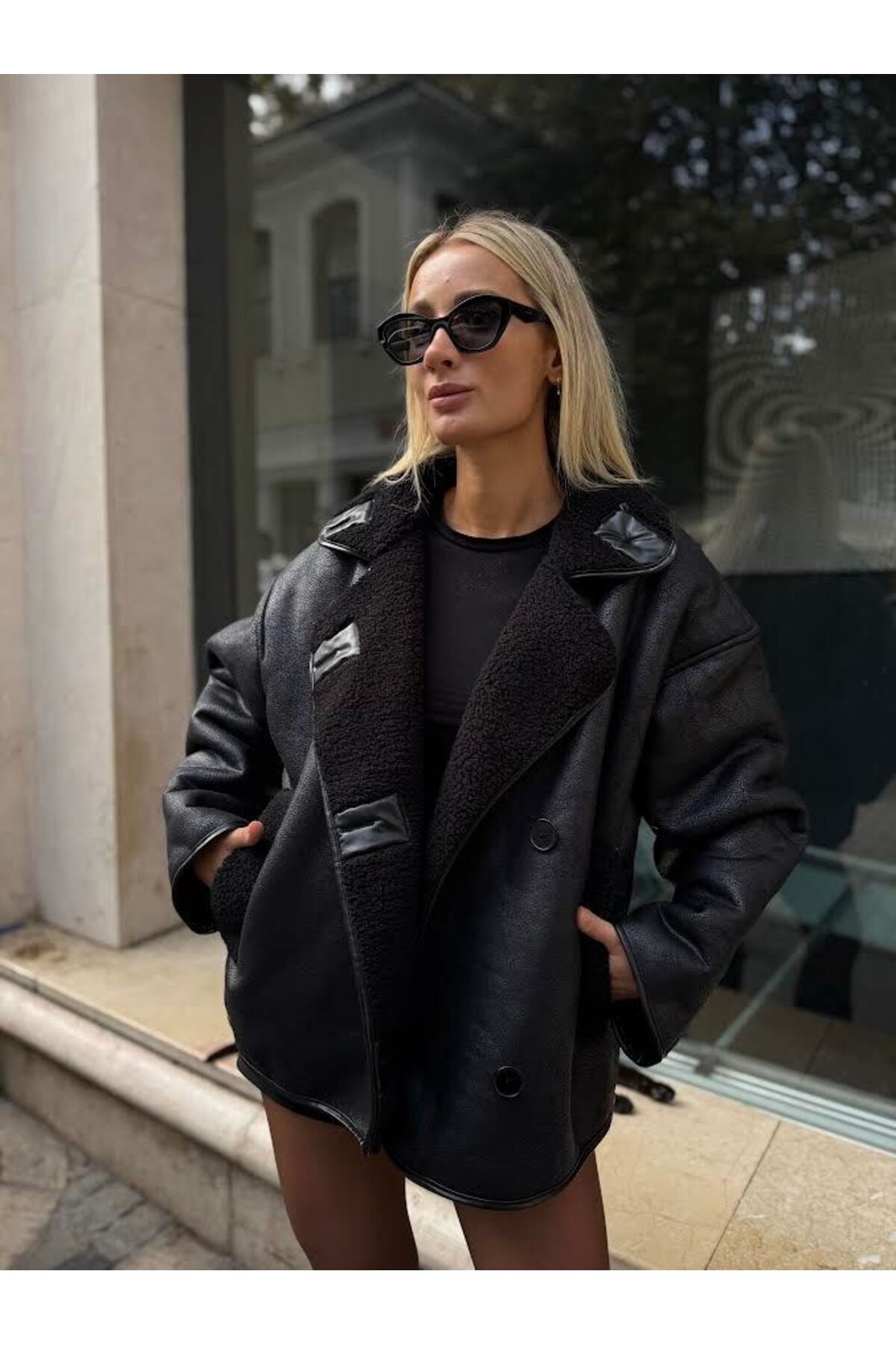 NET OF NOT Else Siyah Dokulu Süet Içi Peluşlu Oversize Zr Model Mont görsel 7