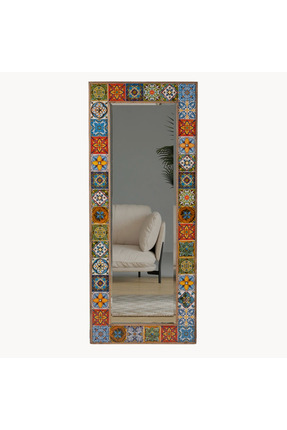 bluecape Büyük Boy Ayna Etnik Çini Seramik Doğal Ağaç Çerçeve Dekoratif ayna ...