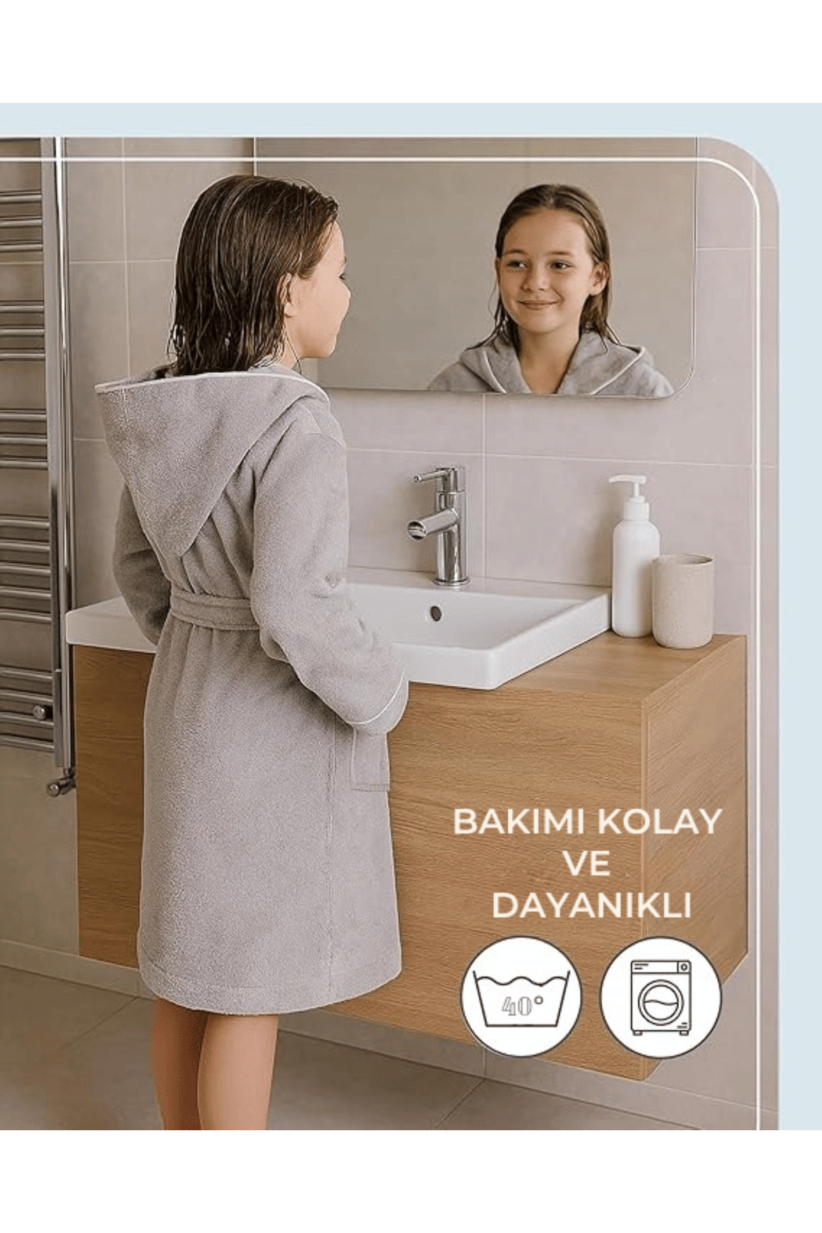 Layvera Kız-Erkek Çocuk Bornozu %100 Pamuk | Kapüşonlu – Cepli – Yumuşak – Biyeli – Gri fotoğrafı 4 (önizleme)