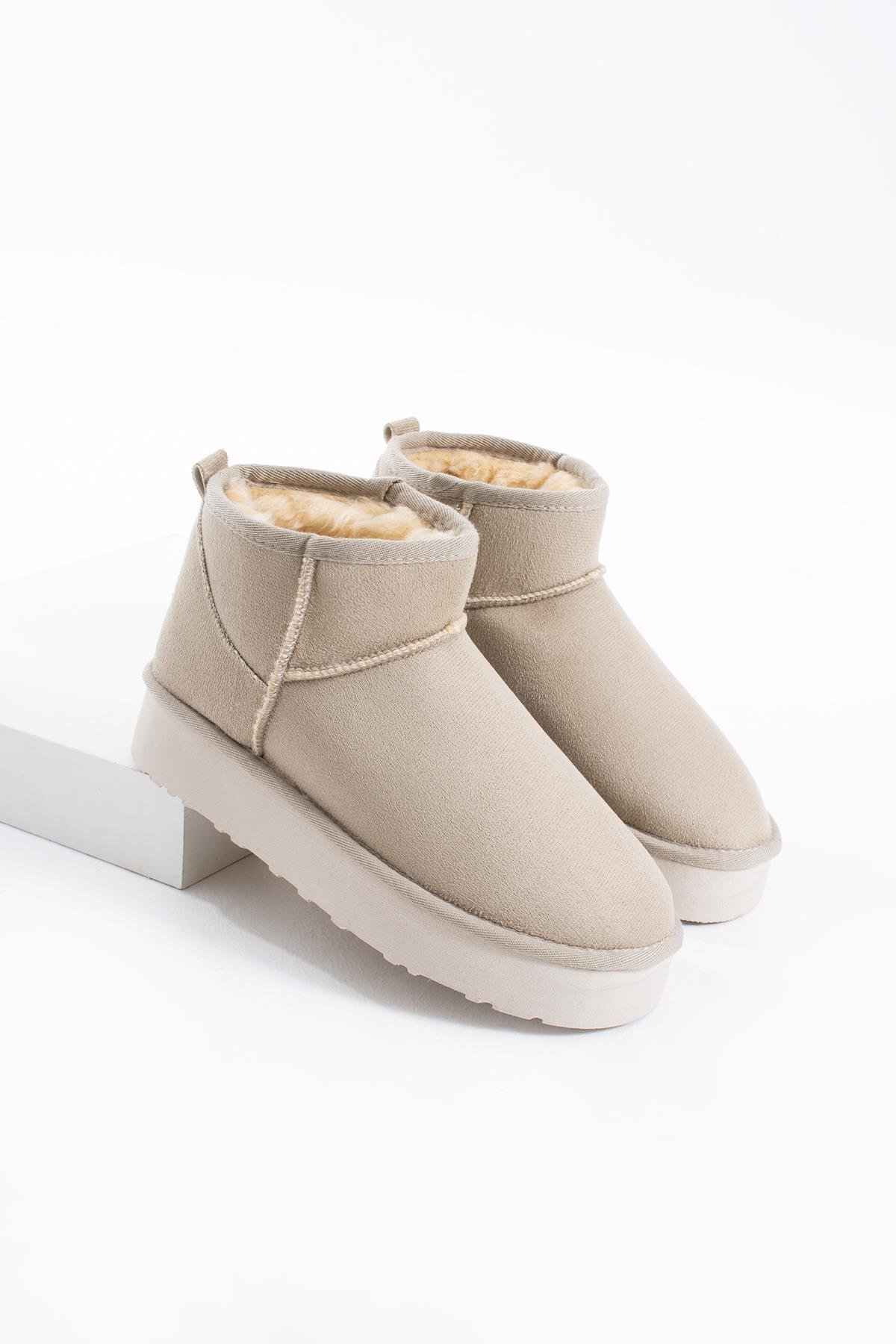 Moda Pie Poofy Kalın Taban İçi Kürklü Kadın Bot Ten Süet