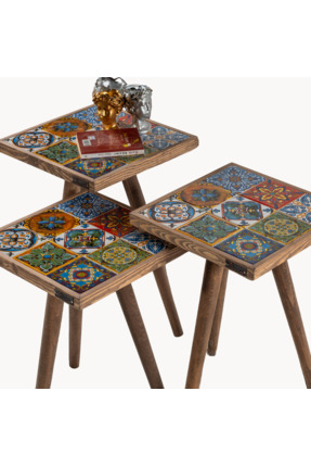 bluecape Kahve Sehpası 3’lü Set Anatolia Etnik Çini Seramik Ceviz 31x31 cm Do...