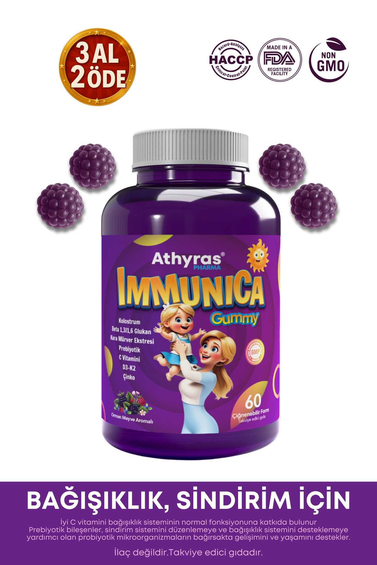 Athyras Pharma Immunica Gummy Kolostrum, Kara Mürver, C Vitamini, Çiğnenebilir Multivitamin (BAĞIŞIKLIK, SİNDİRİM)