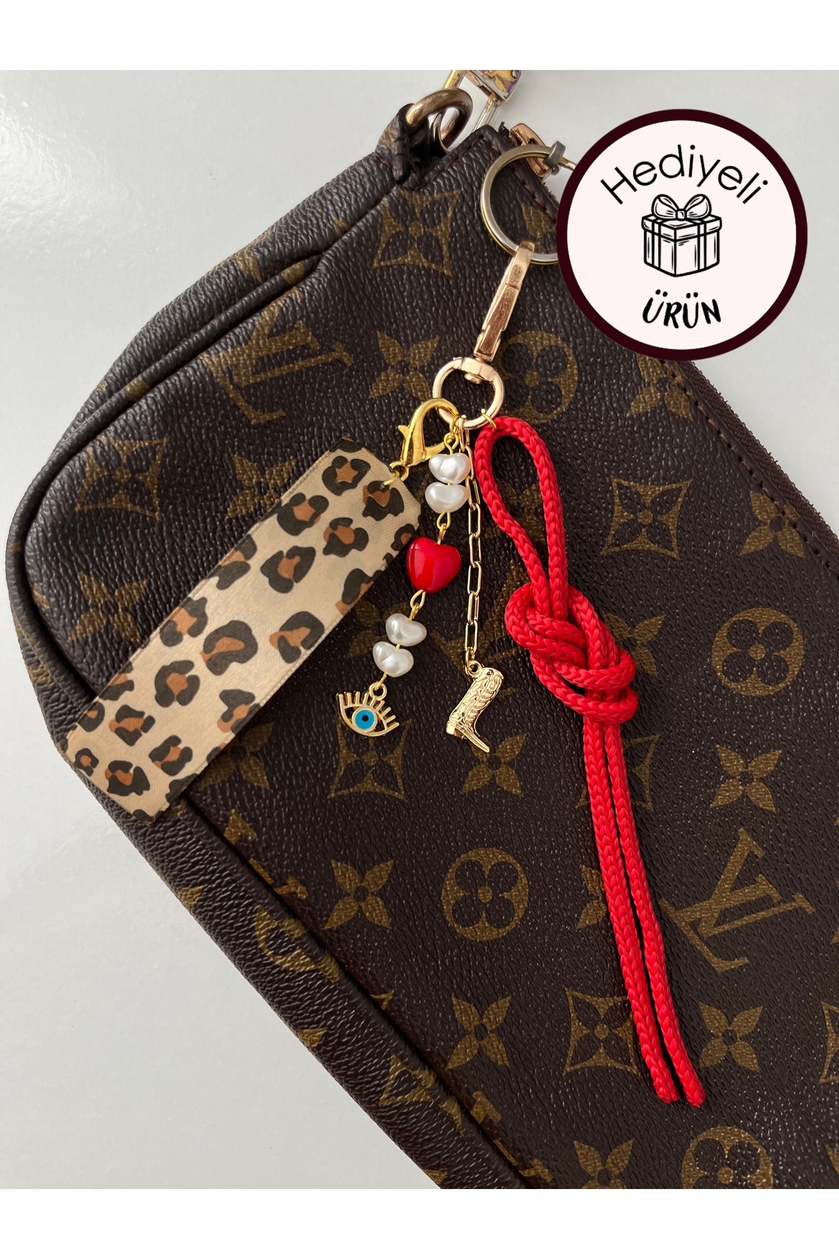 Poshy Atelier Leopar Nazar İnci Kovboy Kırmızı Gold Çanta Charmı Anahtarlık Aksesuarı Araba Süsü