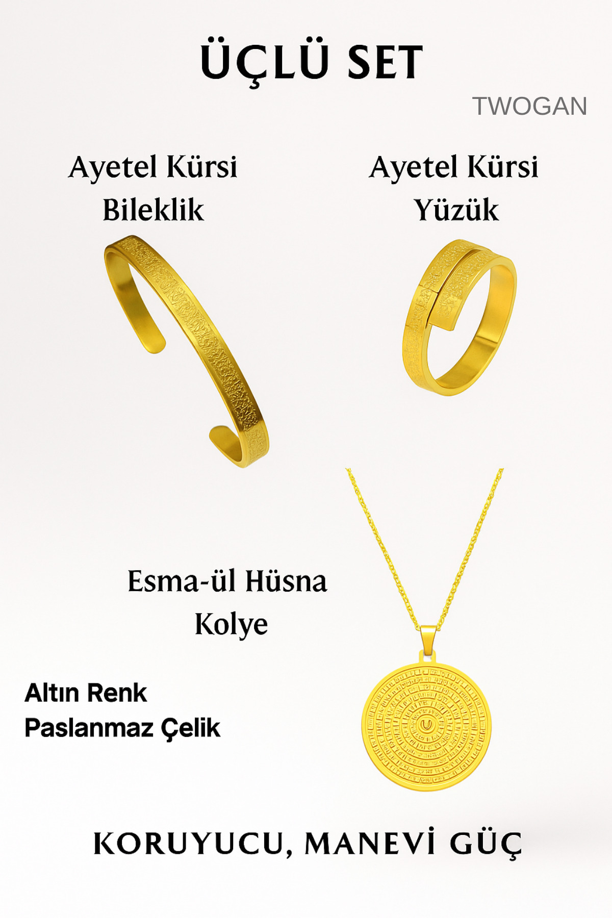TWOGAN Ayetel Kürsi Bileklik, Yüzük, Esmaül Hüsna Kolye, Premium Set Çelik, Altın Renk, Ayarlanabilir Üçlü