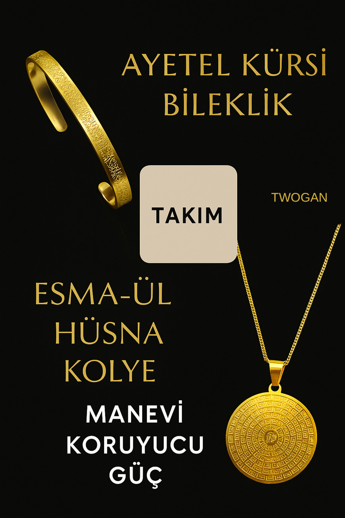 TWOGAN Ayetel Kürsi Bileklik, Esmaül Hüsna Kolye Takım, Allah 99 İsmi, Altın Renk Çelik Kolye ve Bileklik