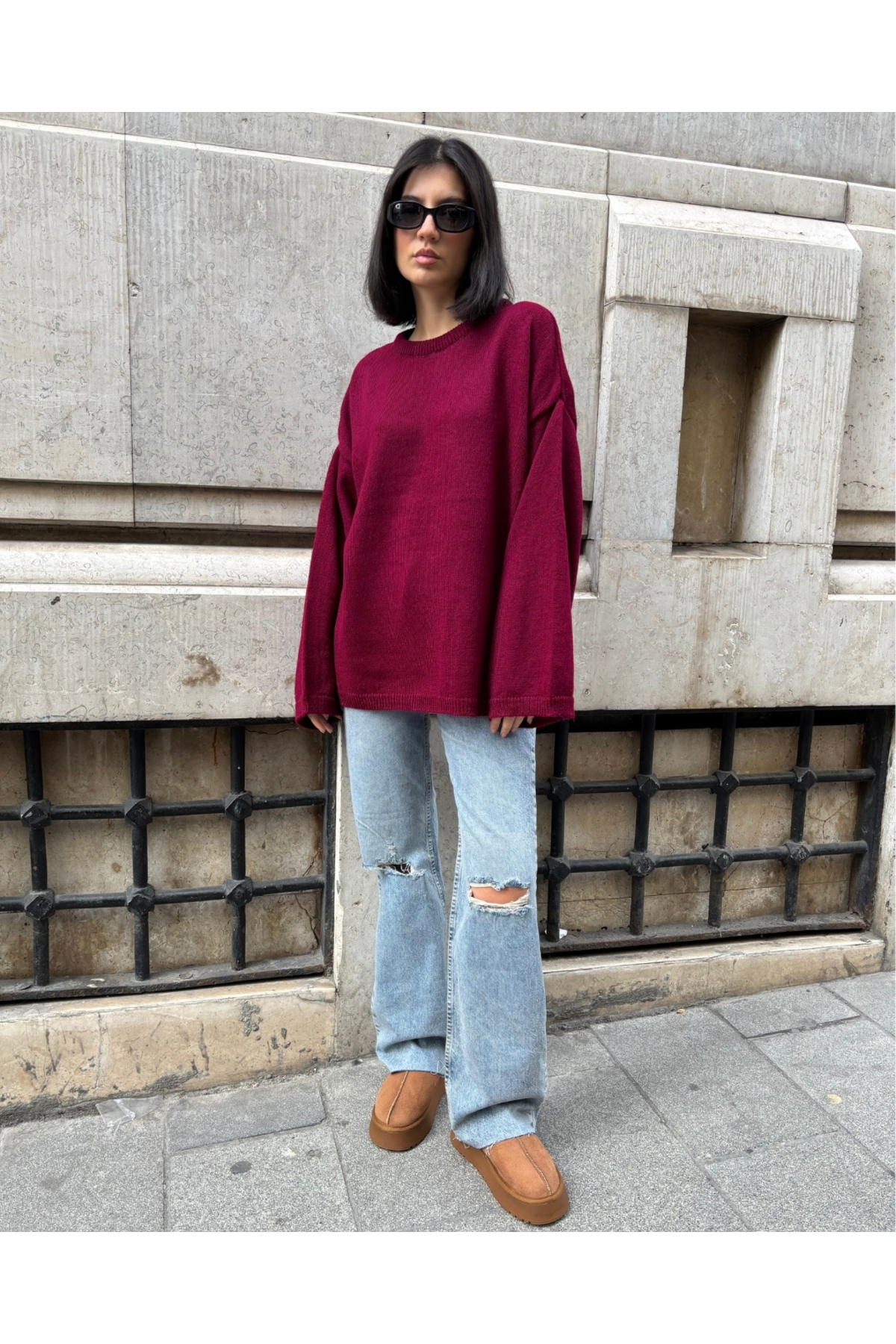 Kadın Bordo Oversize Bisiklet Yaka Triko Kazak