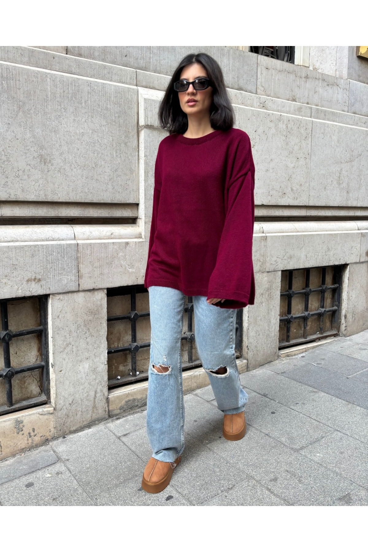 Kadın Bordo Oversize Bisiklet Yaka Triko Kazak