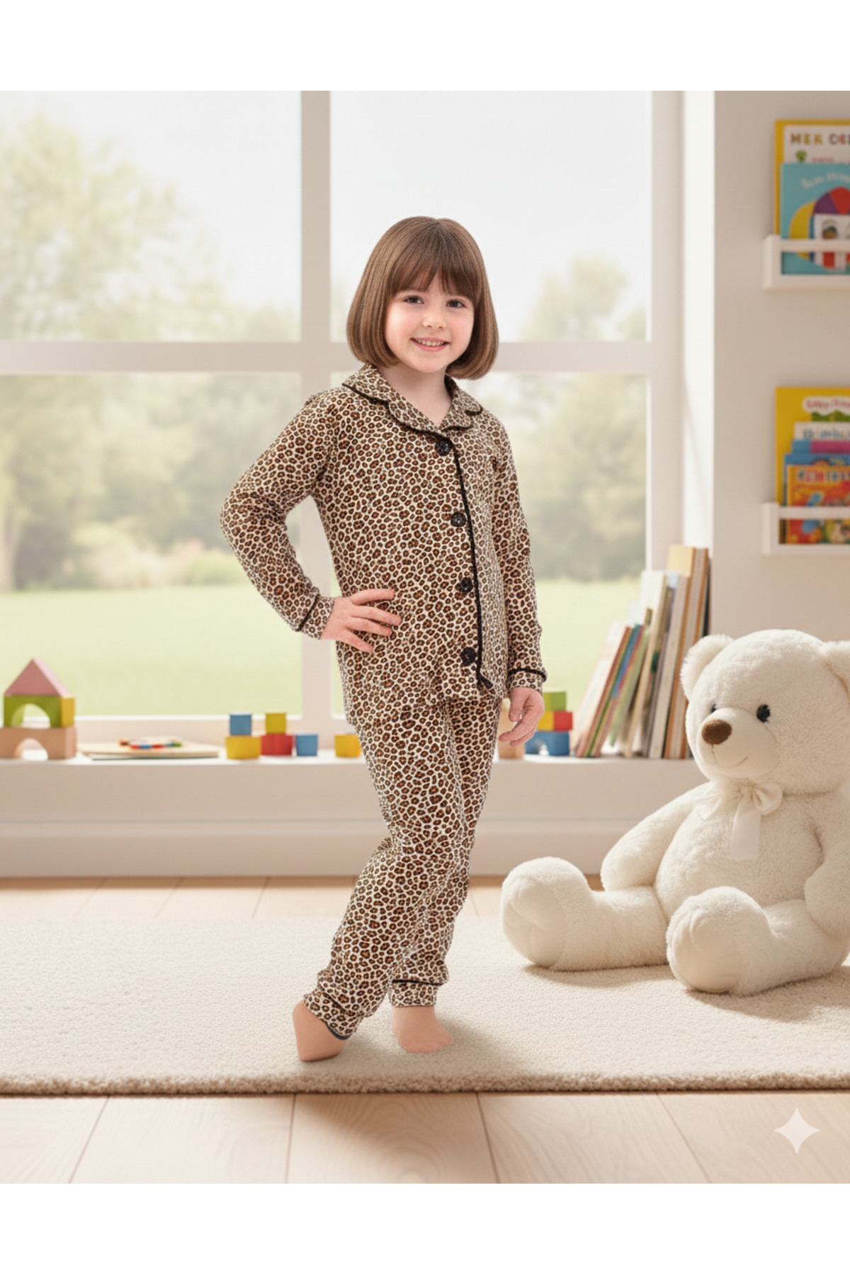 Bebelove Kız Çocuk Ve Bebek Leopar Desenli Boydan Düğmeli Pijama Takımı fotoğrafı 2 (önizleme)