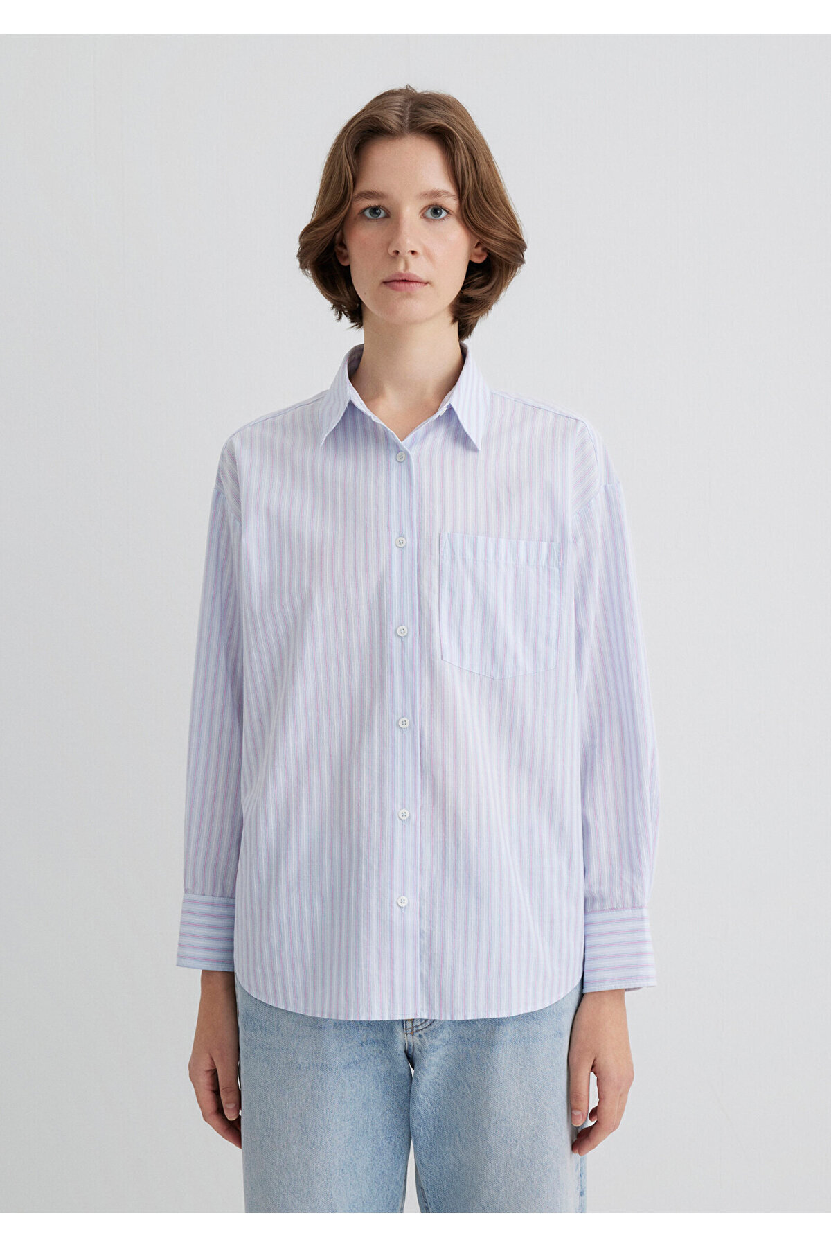 Çizgili Mavi Gömlek Oversize / Geniş Kesim 1210861-88020 — آبی — تصویر 3 از 6