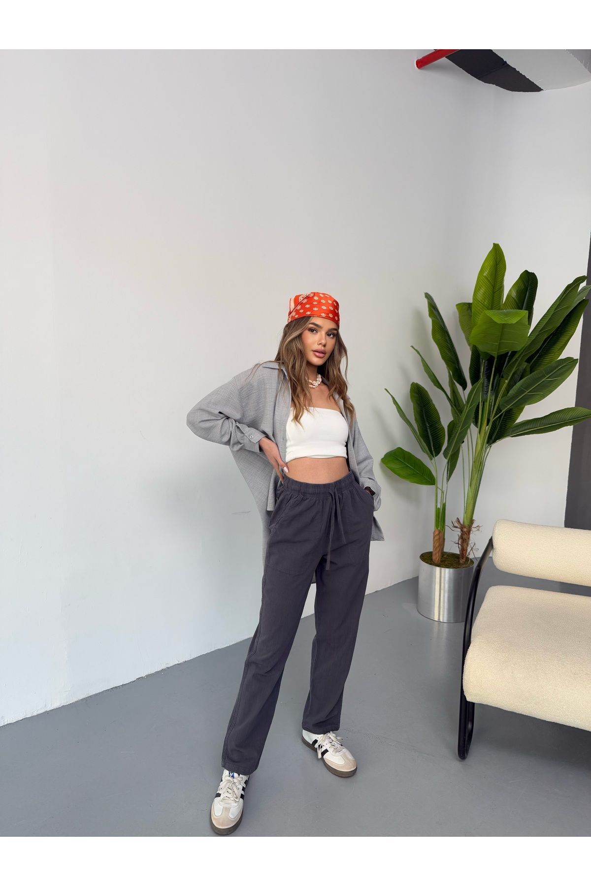 COMBİNE MİCHAİL  Kadın Beli Lastikli Bol Füme Keten Pantolon - Görsel 4