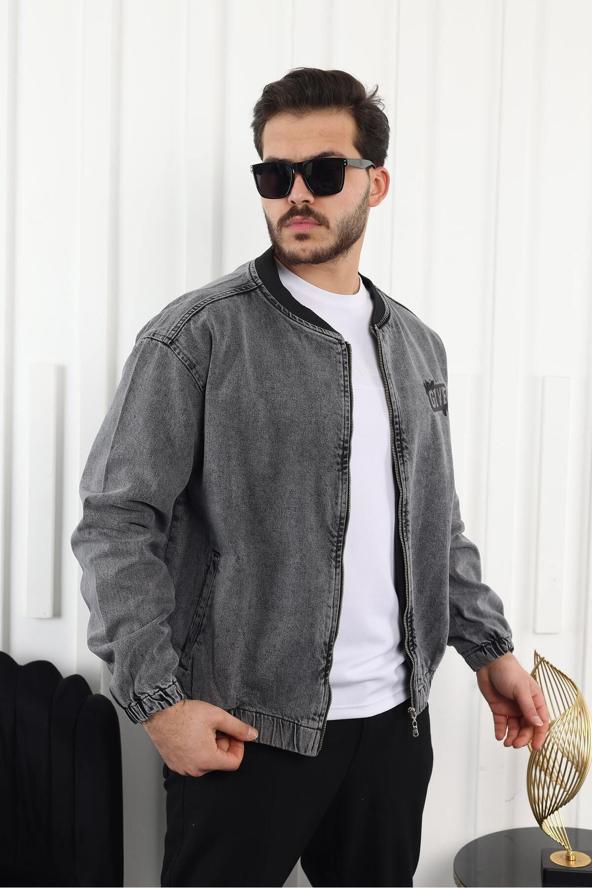 comstar  Erkek Oversize Günlük Bomber Jean Antrasit Fermuarlı Kot Ceket