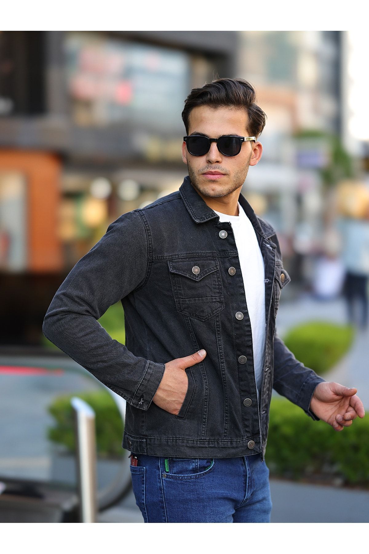 comstar  Erkek Trend Polo Yaka Slim Fit Denim Jeans Antrasit Kot Ceket