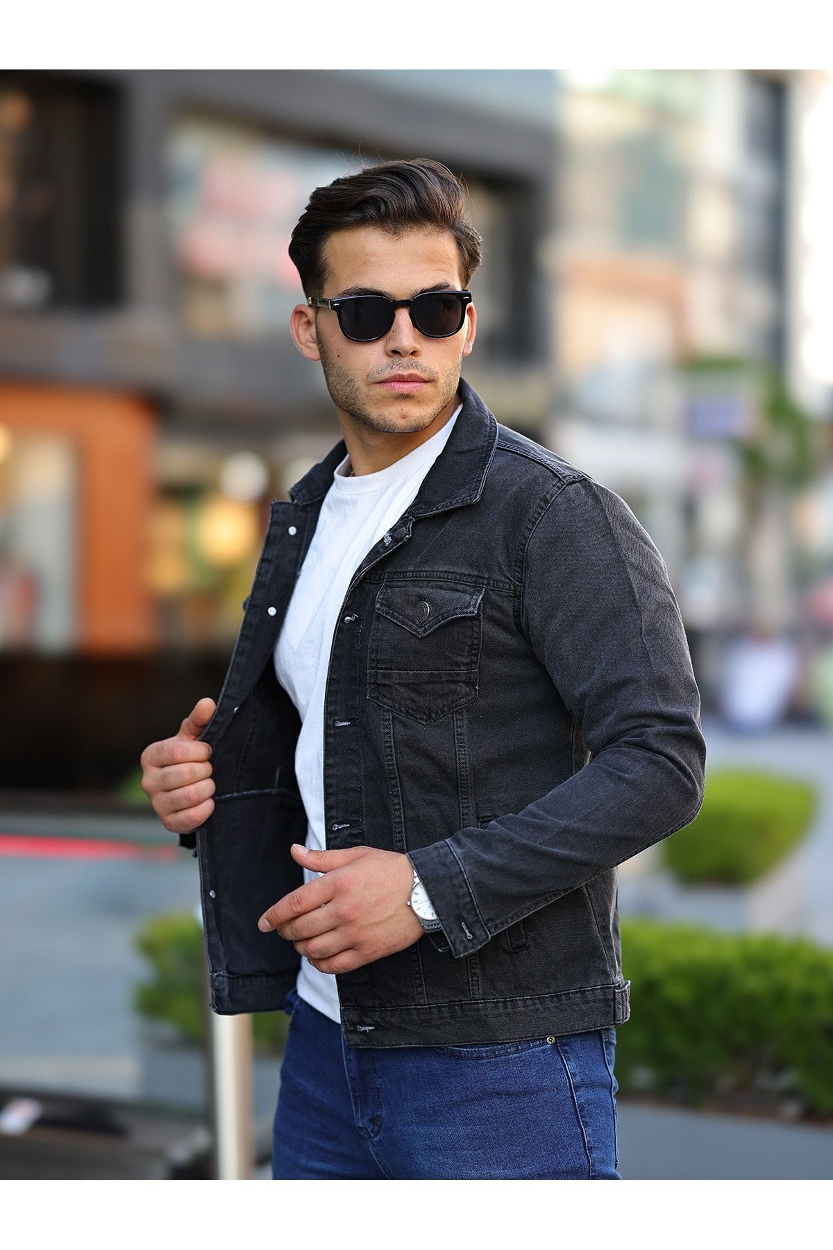 comstar  Erkek Trend Polo Yaka Slim Fit Denim Jeans Antrasit Kot Ceket - Görsel 4