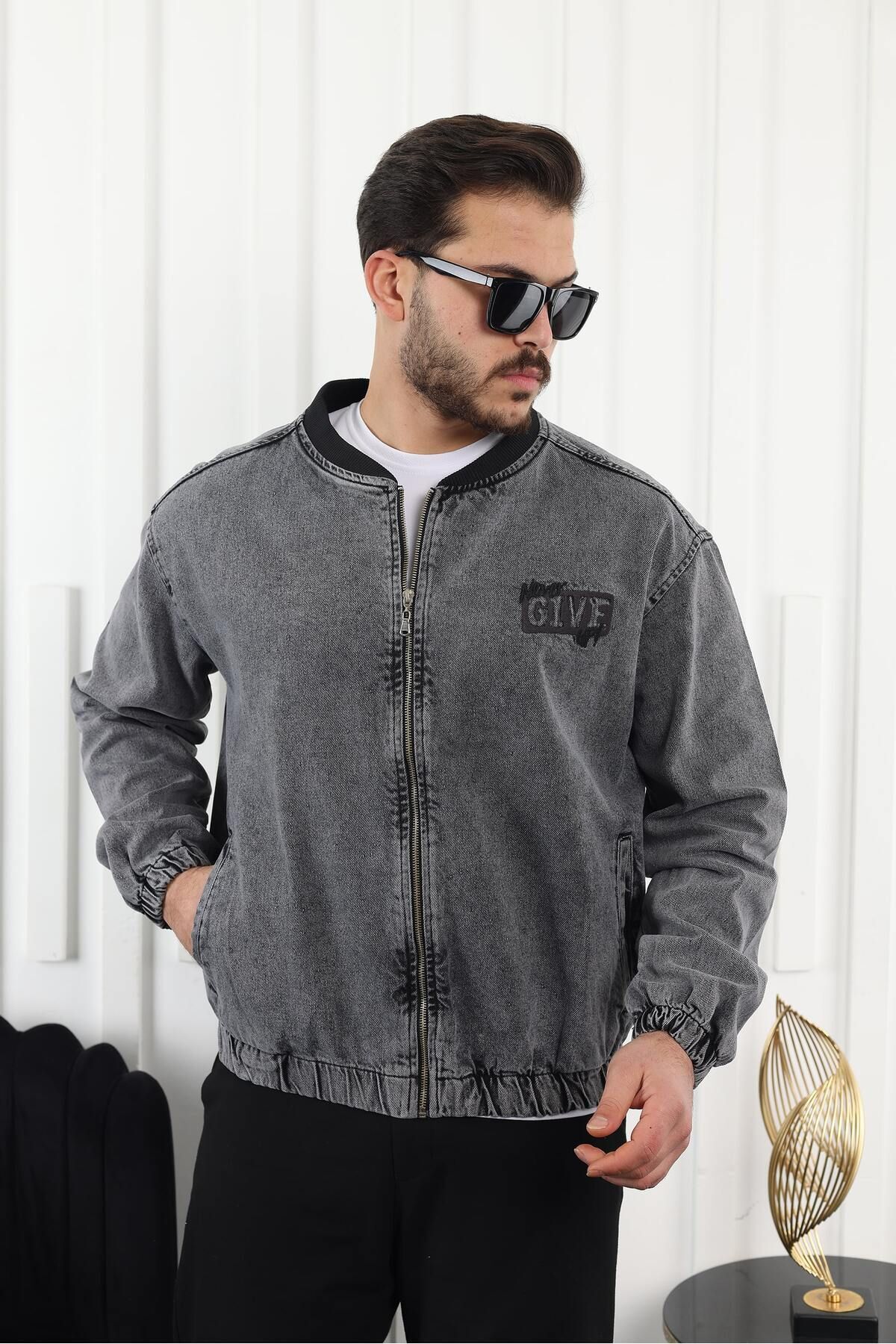 comstar  Erkek Oversize Günlük Bomber Jean Antrasit Fermuarlı Kot Ceket - Görsel 2