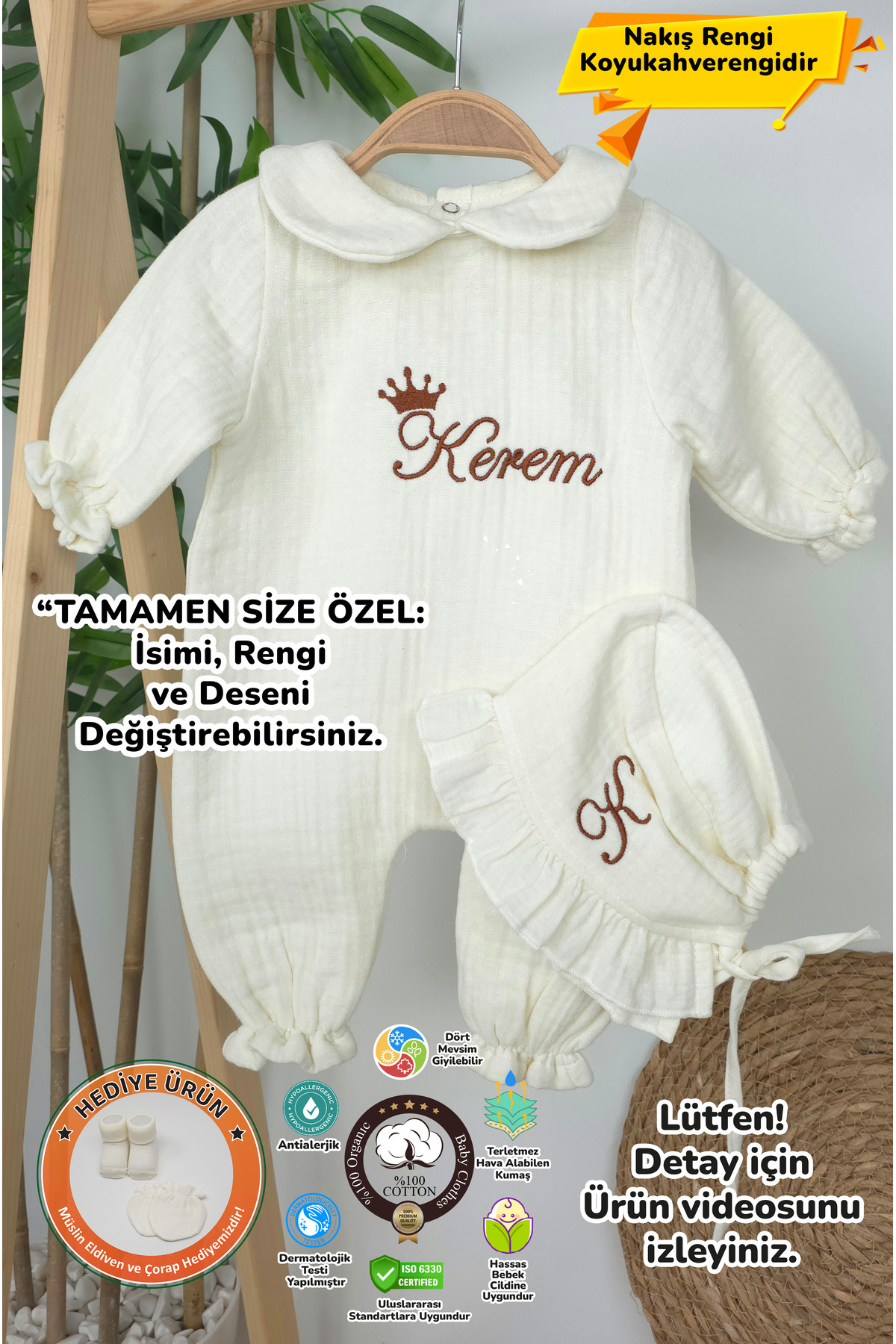 gros shop Yakalı Müslin 2'li Hastane Çıkış Mevlüt Seti %100 Pamuk Organik (Kişiye Özgü İsimli Nakış Desenli)