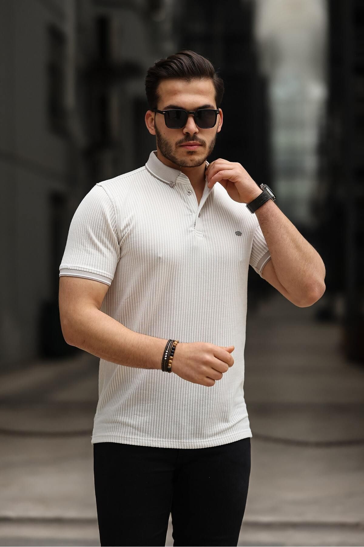 Men's Basic Striped Cream Roll-Up Polo Neck T-Shirt