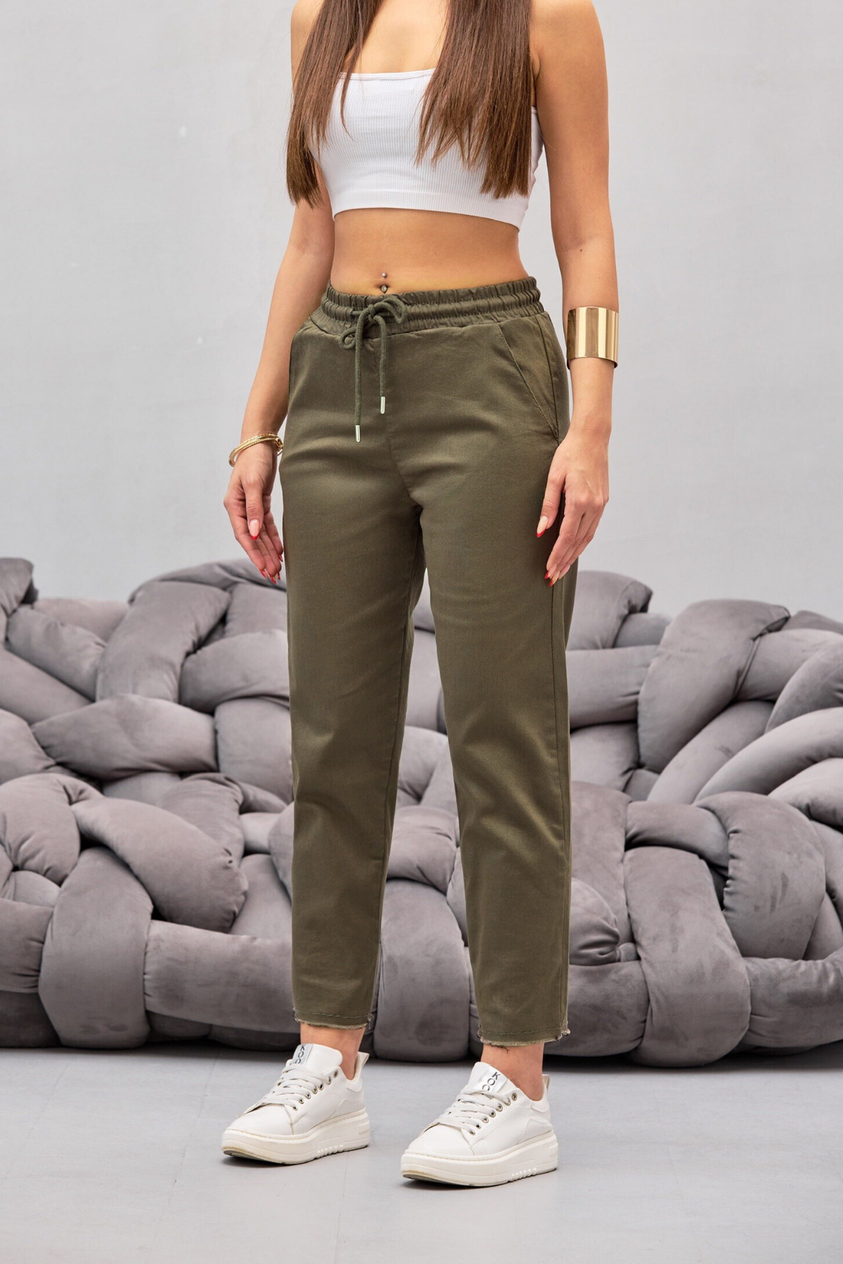 BİKELİFE Damskie spodnie z wysokim stanem i kieszeniami, wykonane z bawełny i...