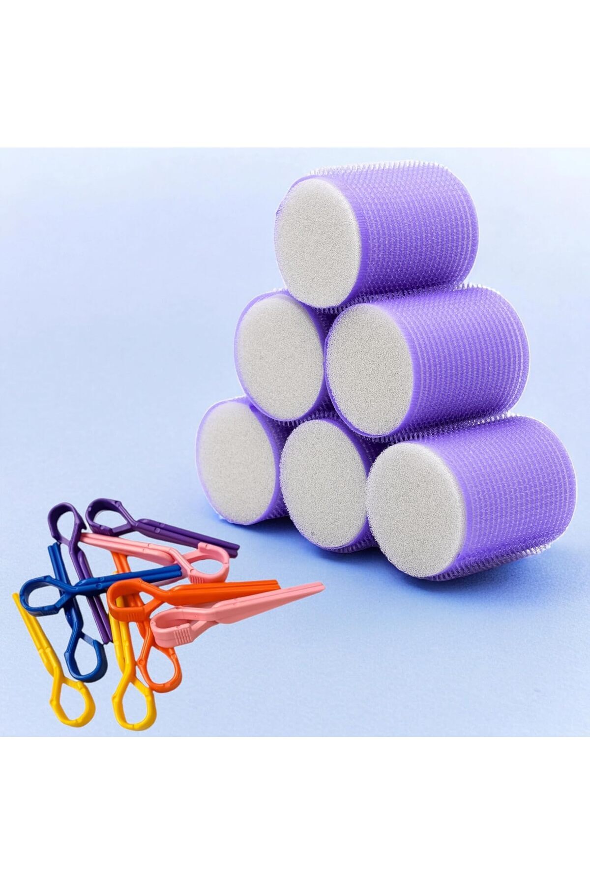 Hepta Collection Croc 1203 Mor Cırtlı Sünger Bigudi 6Lı Çap 5Cm +10Lu Plastik Saç Pensi