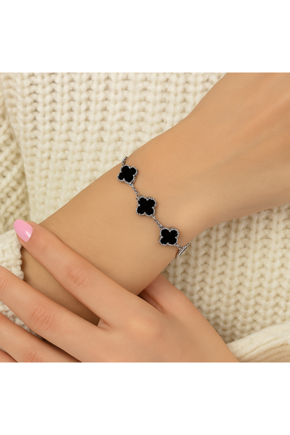 Siset Gümüş  925 Ayar Rodyum Kaplama Unısex Beş Oniks Taşlı Yonca Gümüş Bileklik - Görsel 3