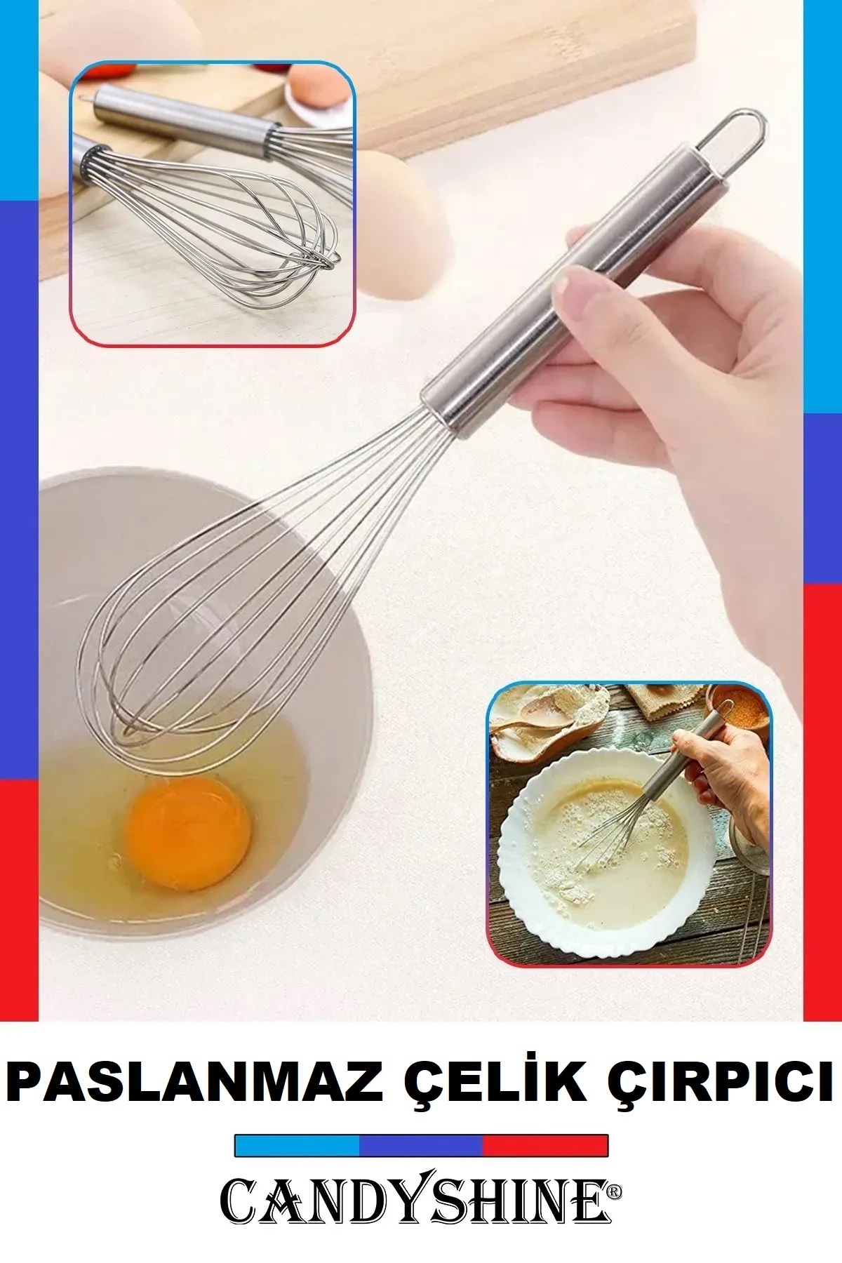 CandyShine Paslanmaz Çelik Çırpıcı Krom Metal Saplı Lüx Çırpıcı Yumurta Süt Karıştırıcı Hamur Çırpıcı