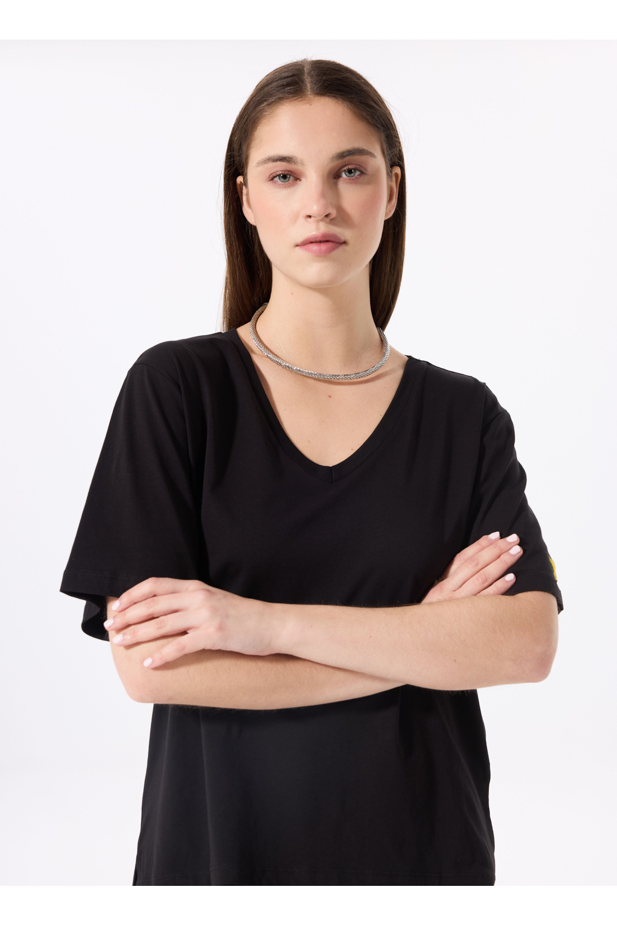 Fabrika  Siyah Kadın V Yaka Oversize T-Shirt TALITA - Görsel 2