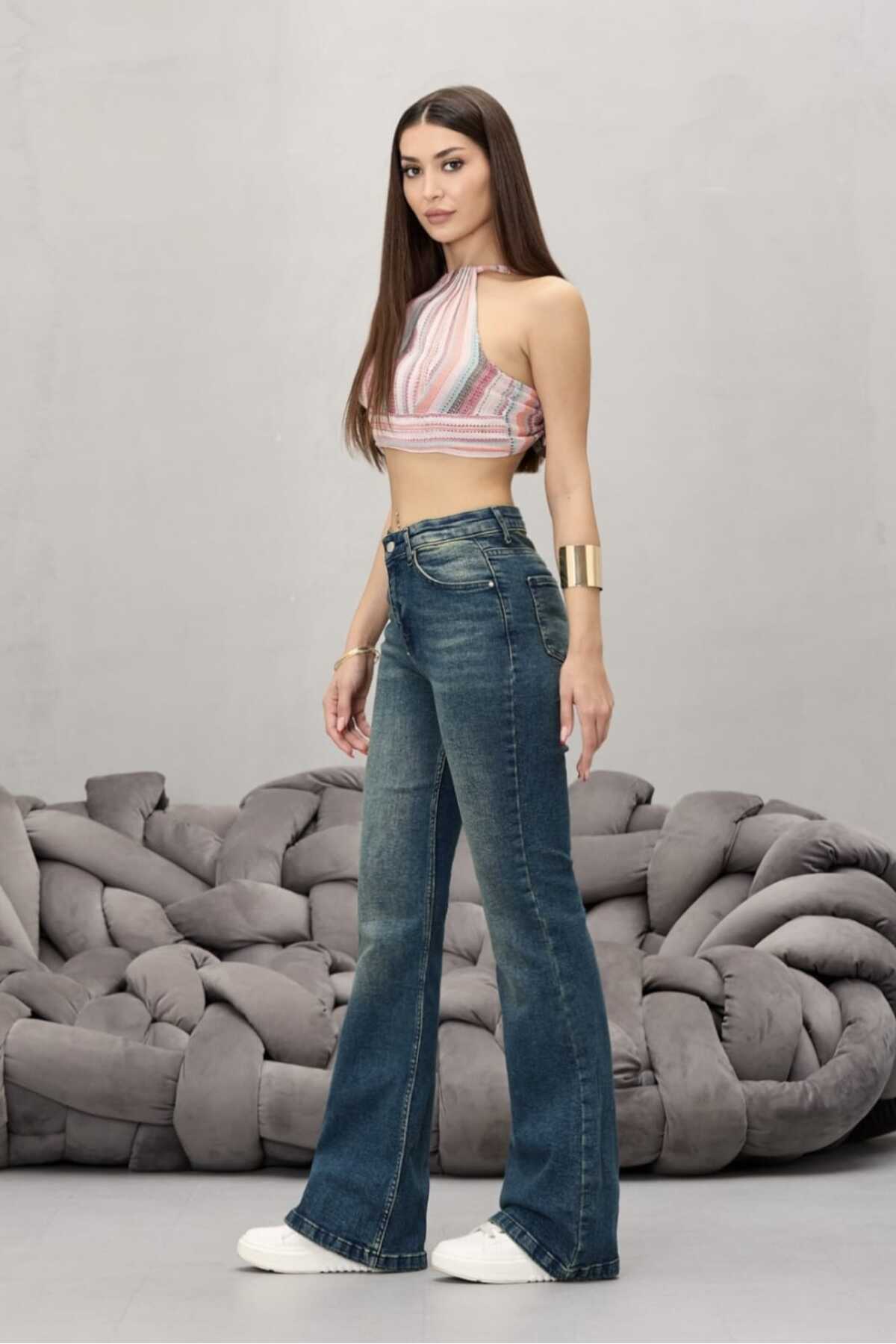 BİKELİFE  Kadın Yüksek Bel Esnek Ispanyol Paça Jeans - Görsel 3