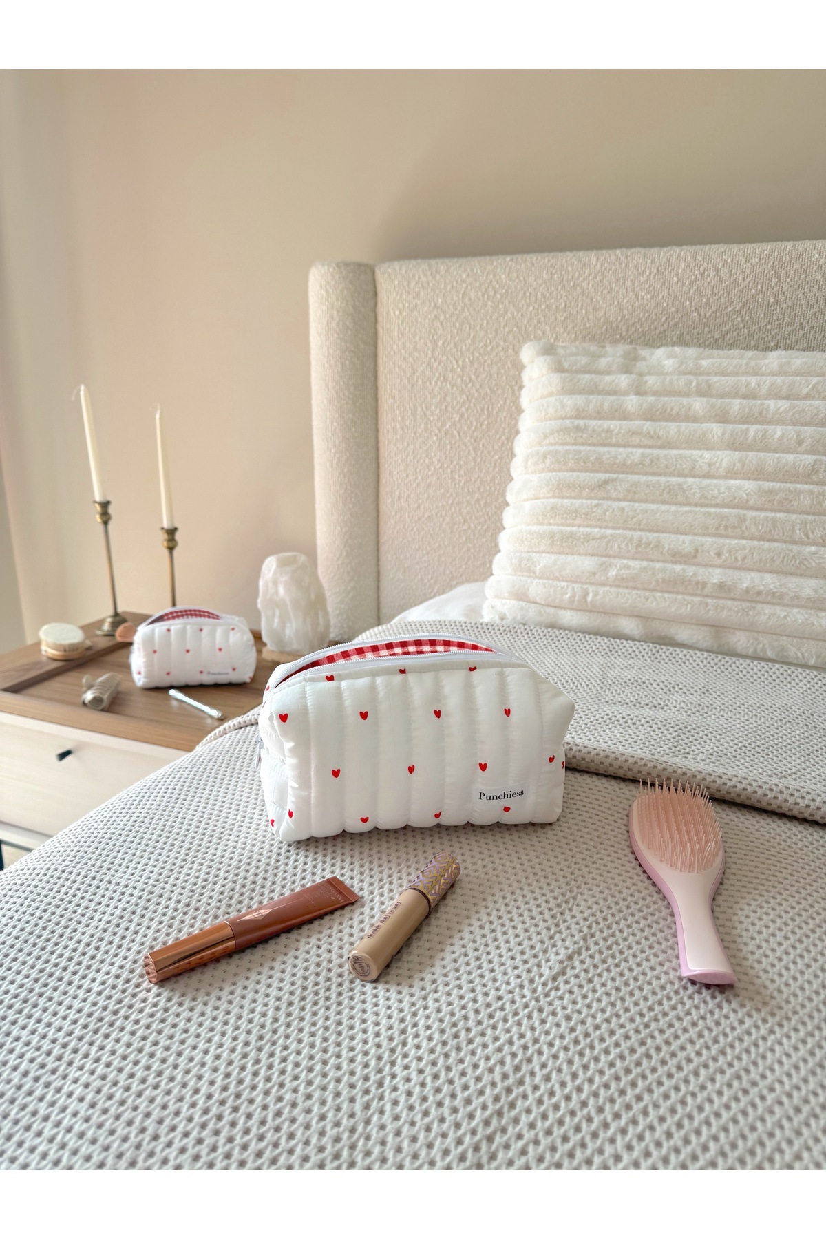 Punchiess Kırmızı Kalpli Makyaj Çantası Büyük Boy