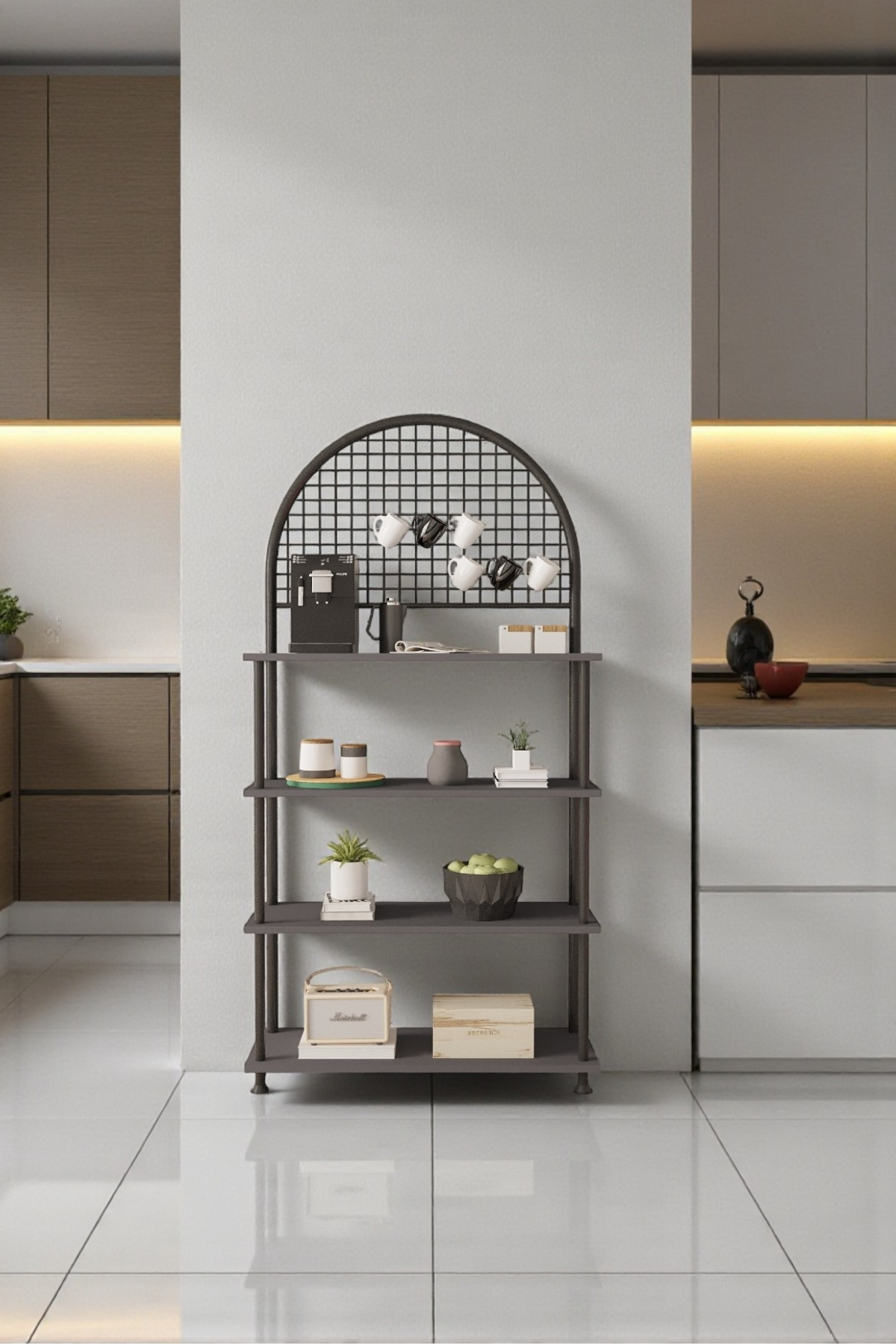 Flip Curtain Anthracite Coffee Corner Cabinet with 4 Shelves | Kitchen Organizer, Stand, 71x167x35 Cm