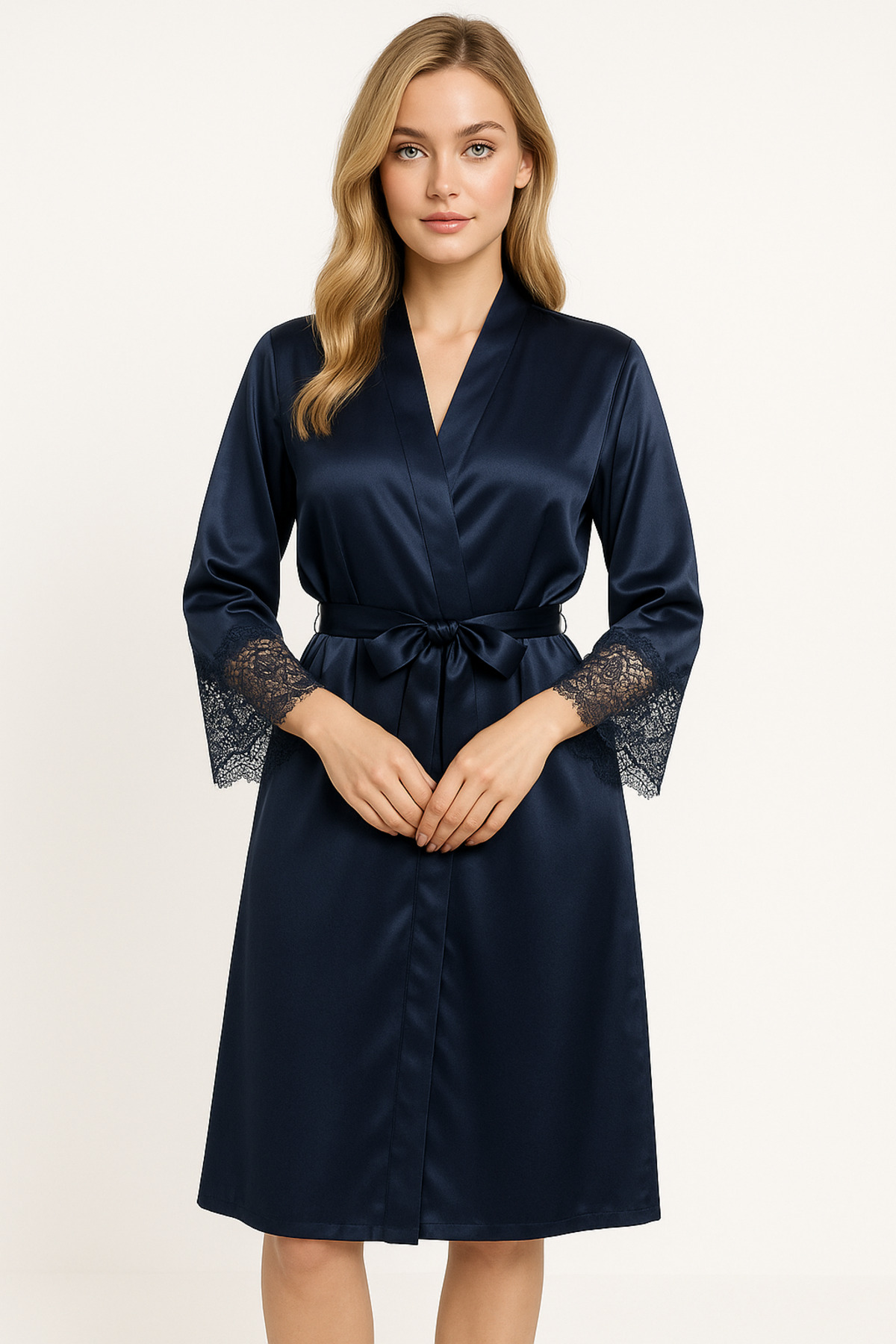 cherry queen Premium Saten Lacivert 5’li Çeyiz Seti | Özel Kutulu Gecelik, Sabahlık, Şortlu ve Uzun Pijama Takımı