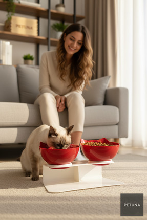 Petuna İki Hazneli Kedi Kafalı Beyaz Standlı Kedi Mama ve Su Kabı 350 ML