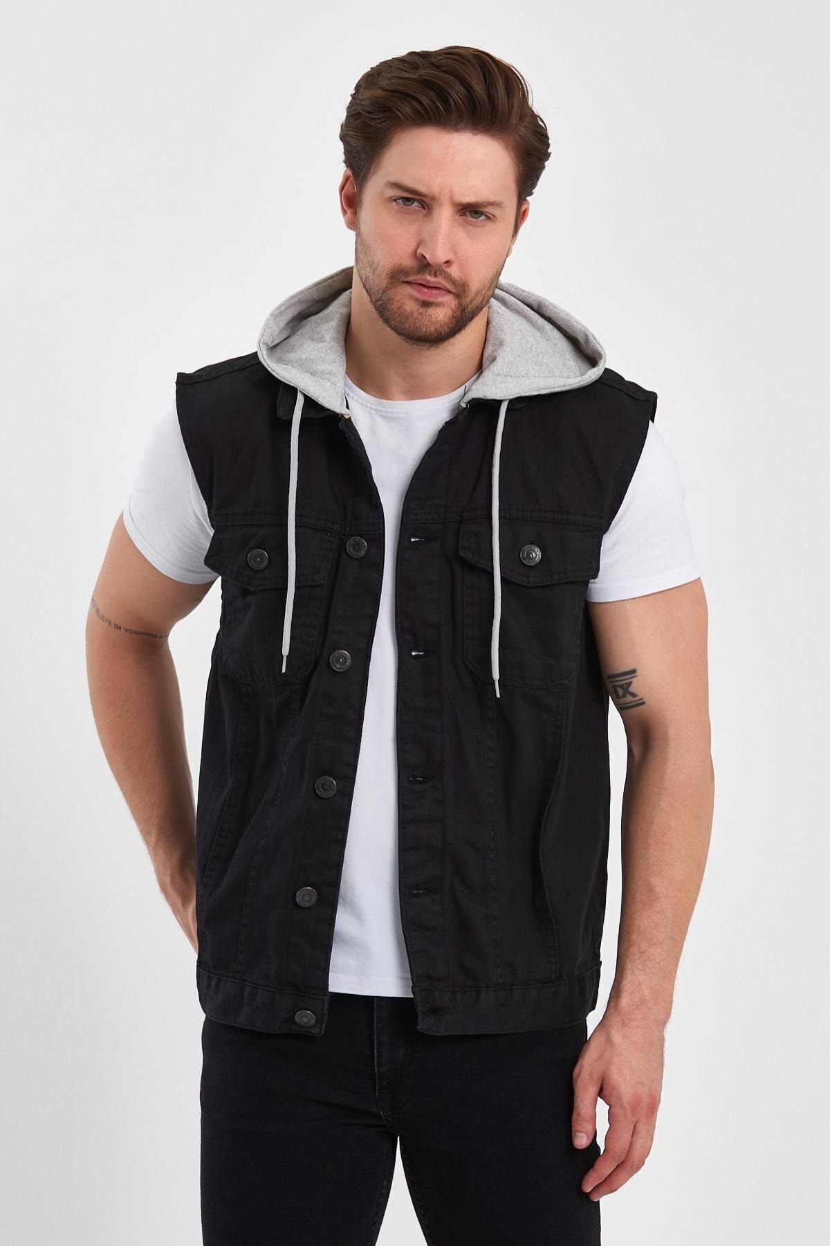 DAMGA JEANS Rahat Kalıp Denim Kapüşonlu Kot Yelek Siyah