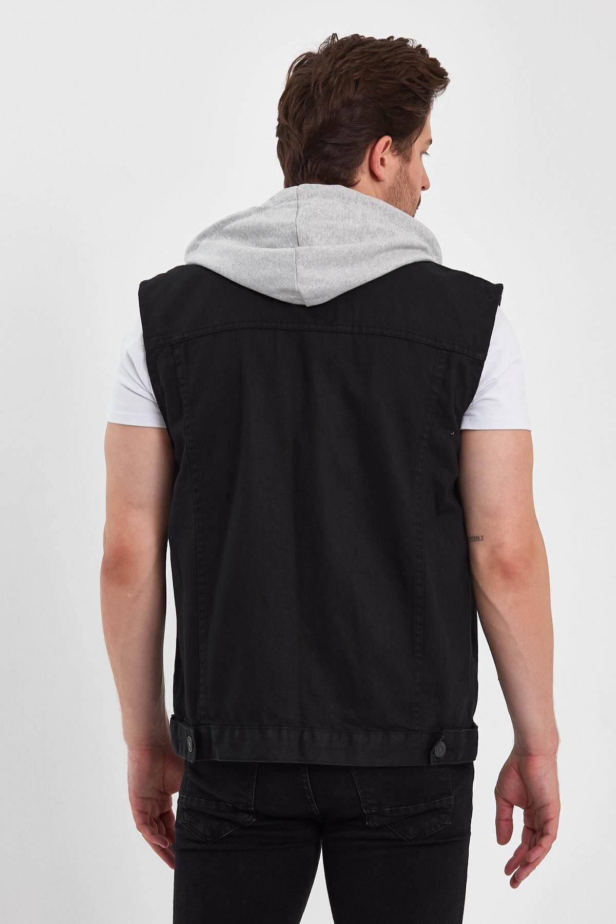 DAMGA JEANS Rahat Kalıp Denim Kapüşonlu Kot Yelek Siyah görsel 5