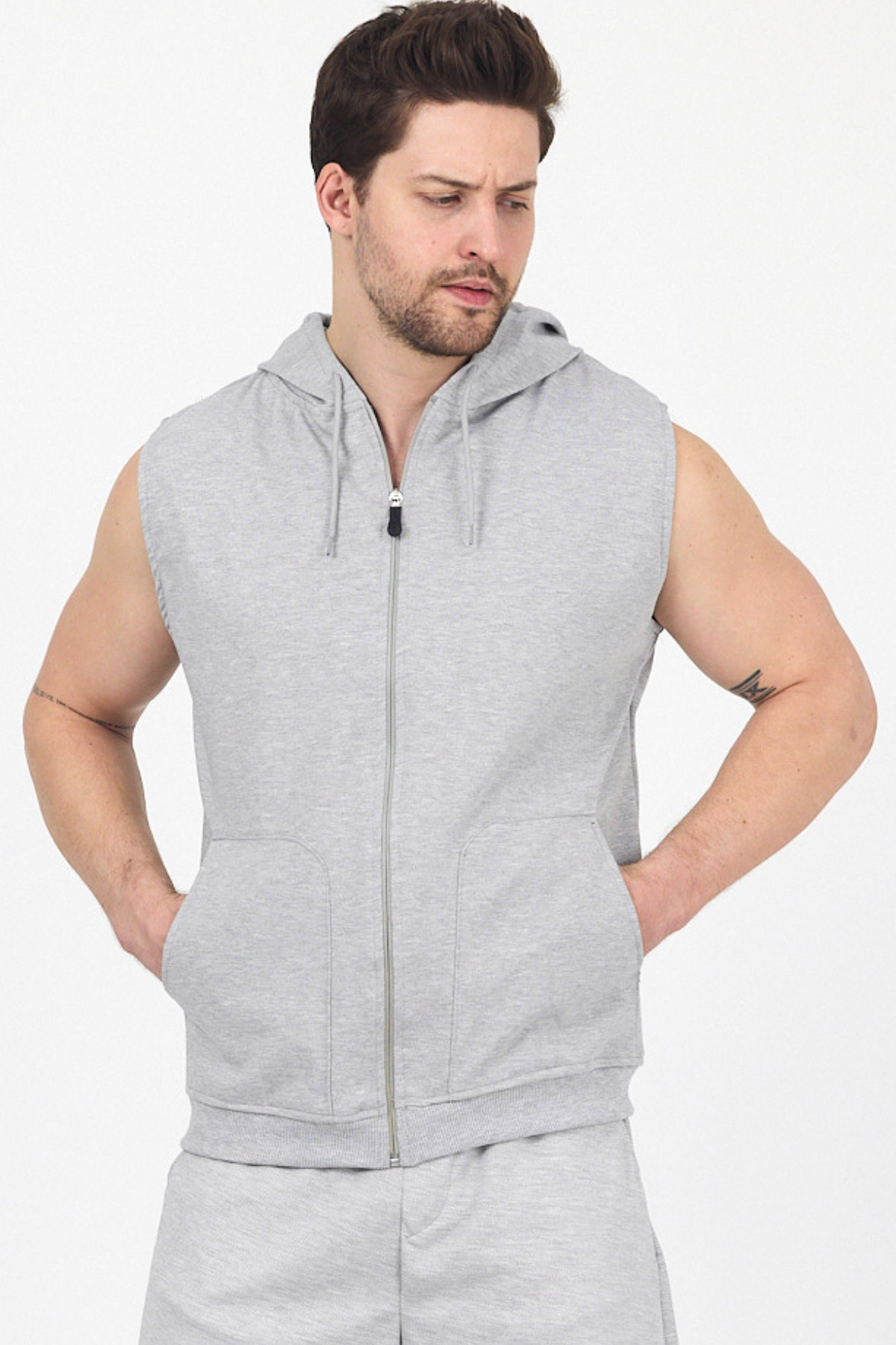 DAMGA JEANS Erkek Kapüşonlu Kolsuz Fermuarlı Yazlık Uzun Gri Sweat Yelek görsel 5