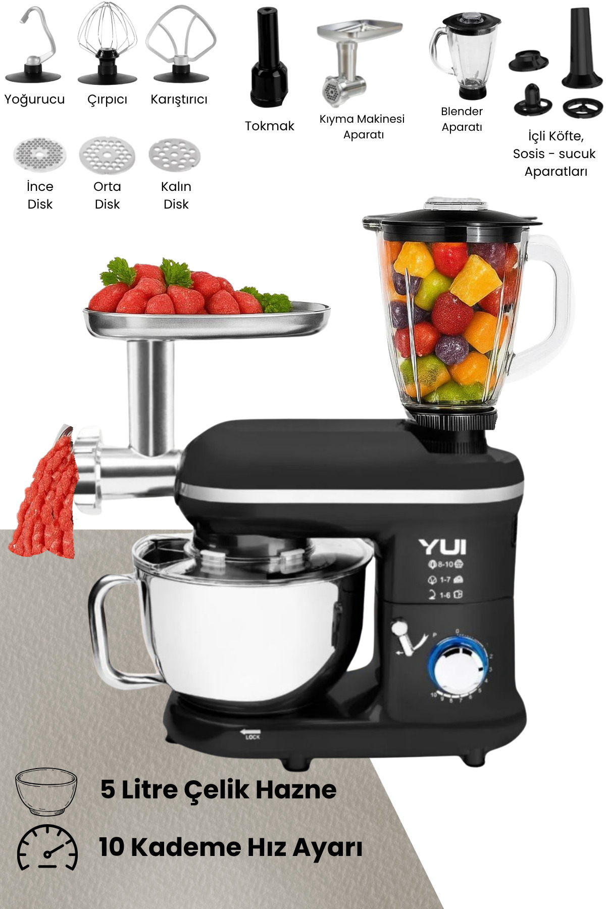 Yui M120 Multi-fonksiyonel 3'ü Bir Arada Stand Mikser Kıyma Setli Ve Blender Özellikli Siyah