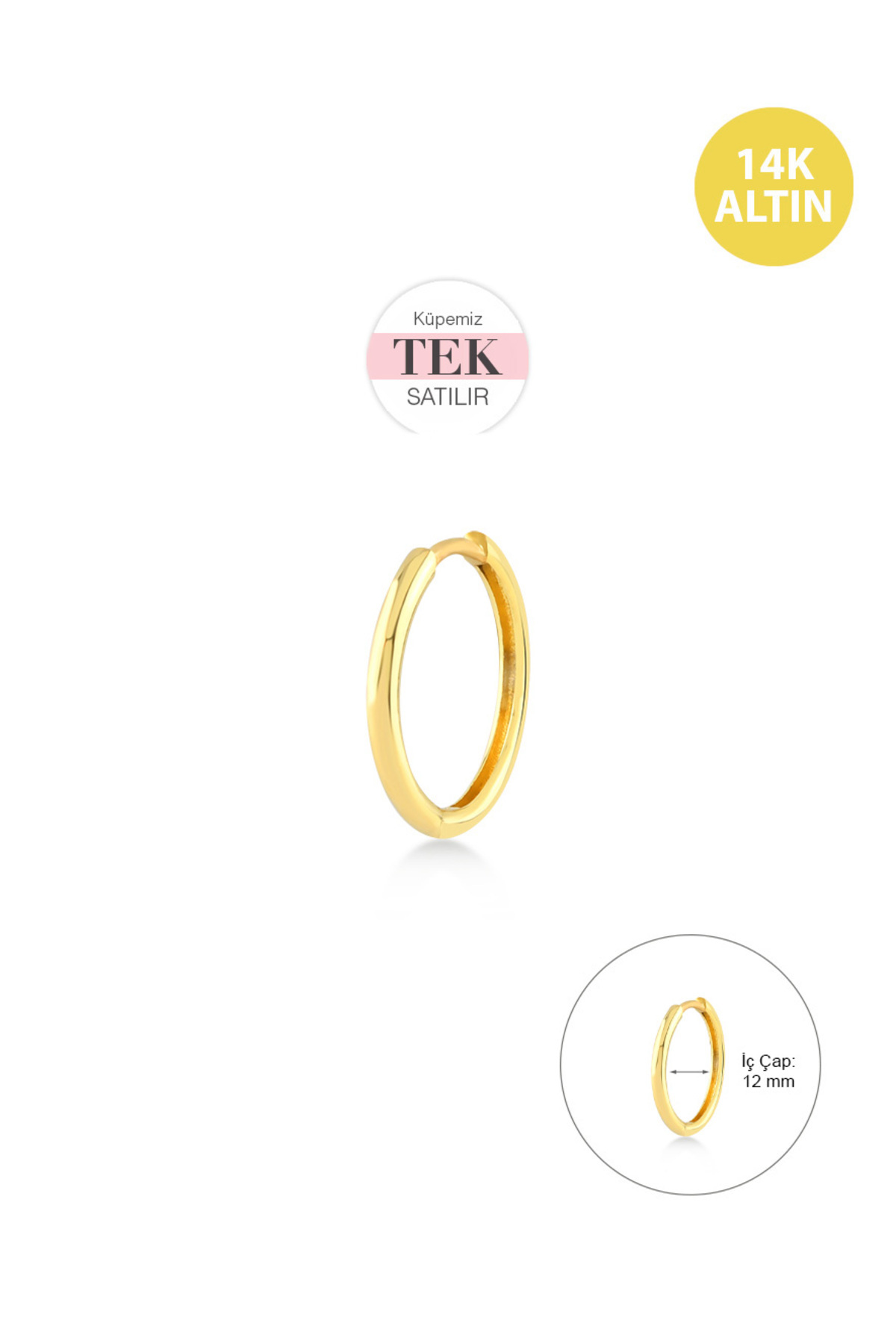 KURSHUNI Sade Taşsız (12mm) Helix Hoop, 14 Ayar Altın Küpe (TEK Satılır)