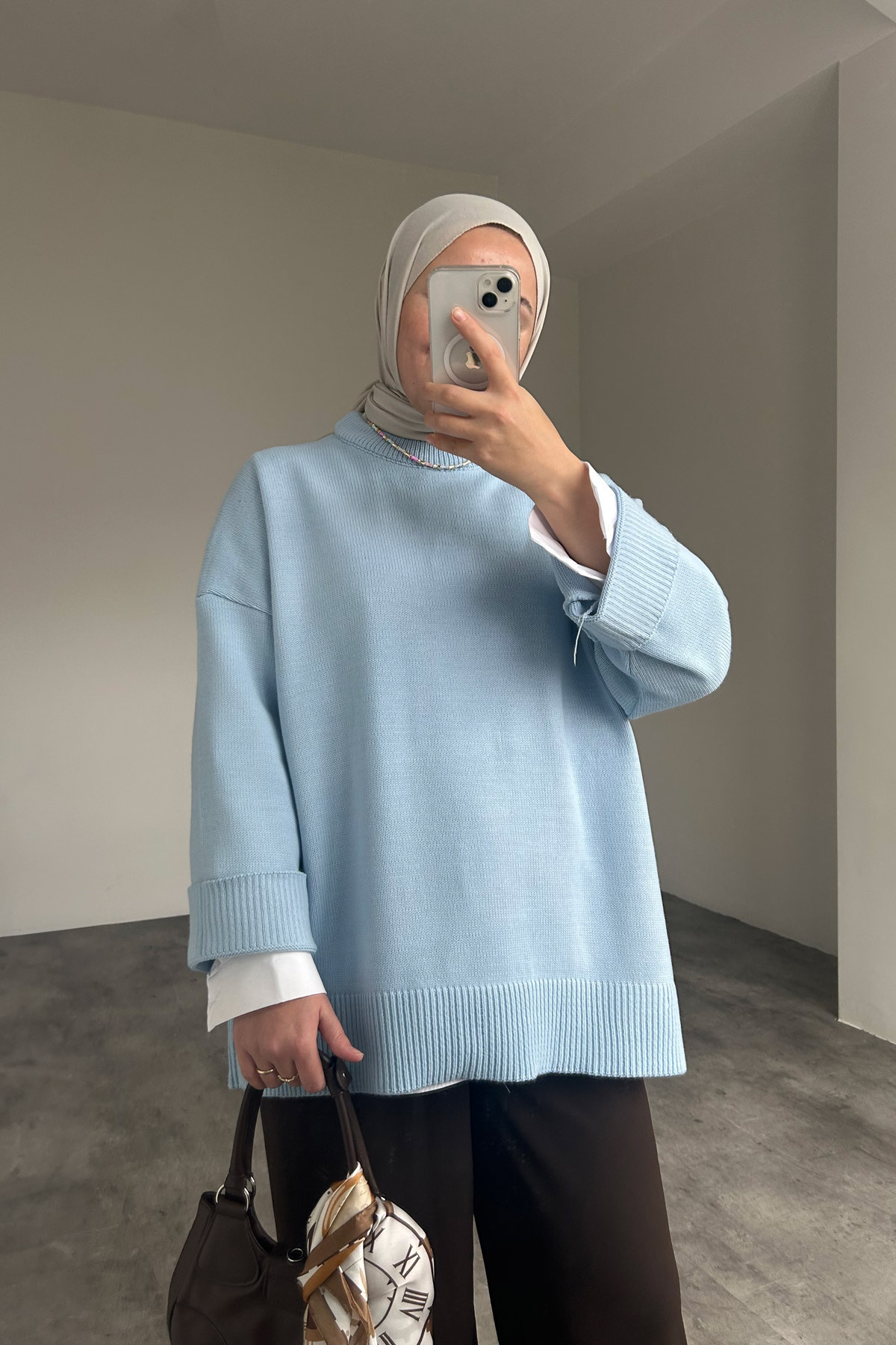 HYWONA  Kadın Bisiklet Yaka Oversize Triko Tunik Kazak Mavi - Görsel 2