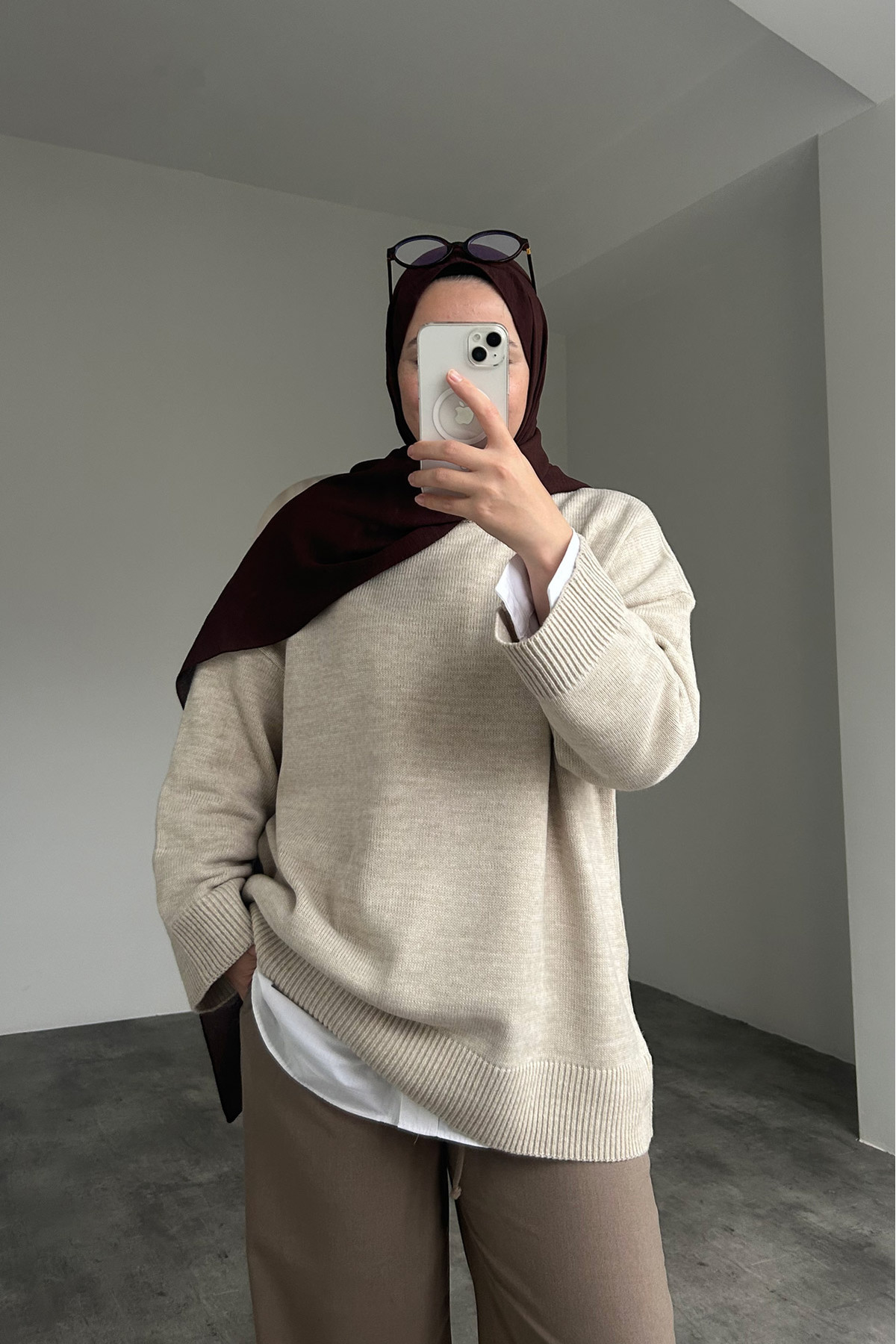 HYWONA Kadın Bisiklet Yaka Oversize Triko Tunik Kazak Krem