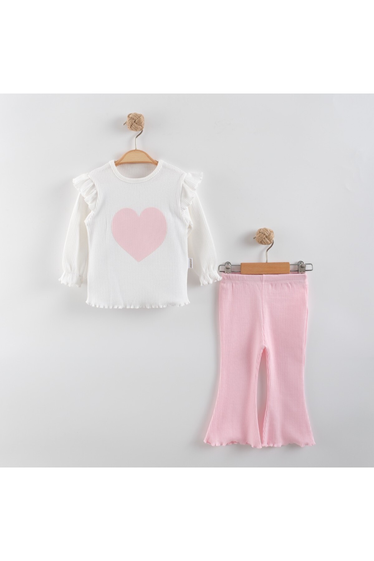 Hearted Two Piece Set Pink White Long Sleeve Blouse Spanish Leg Pants Stretchy Handy Cotton Fabric