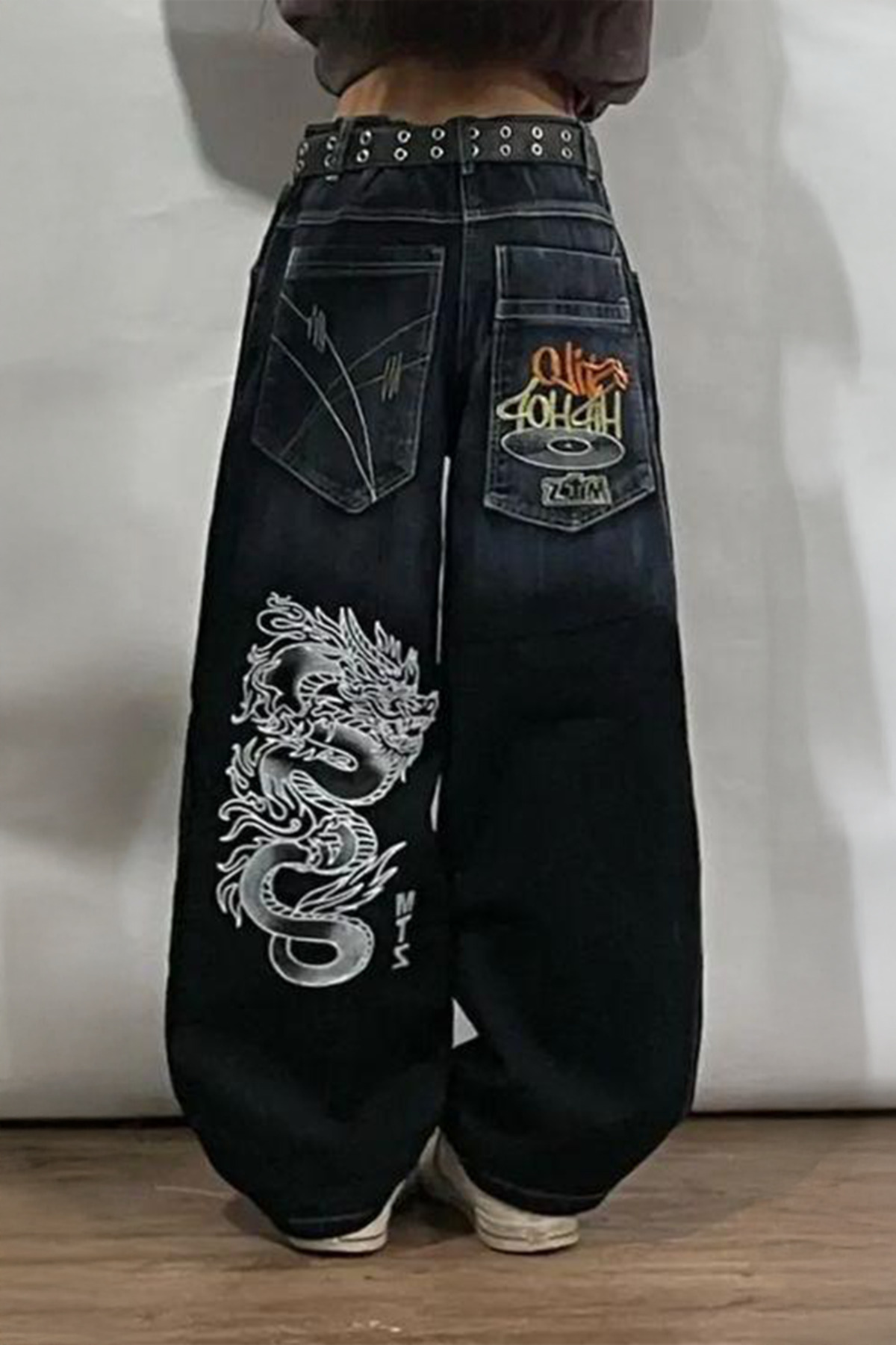 Karakedi Lacivert Dragon Vintage Yıkamalı Baggy Y2K Pantolon