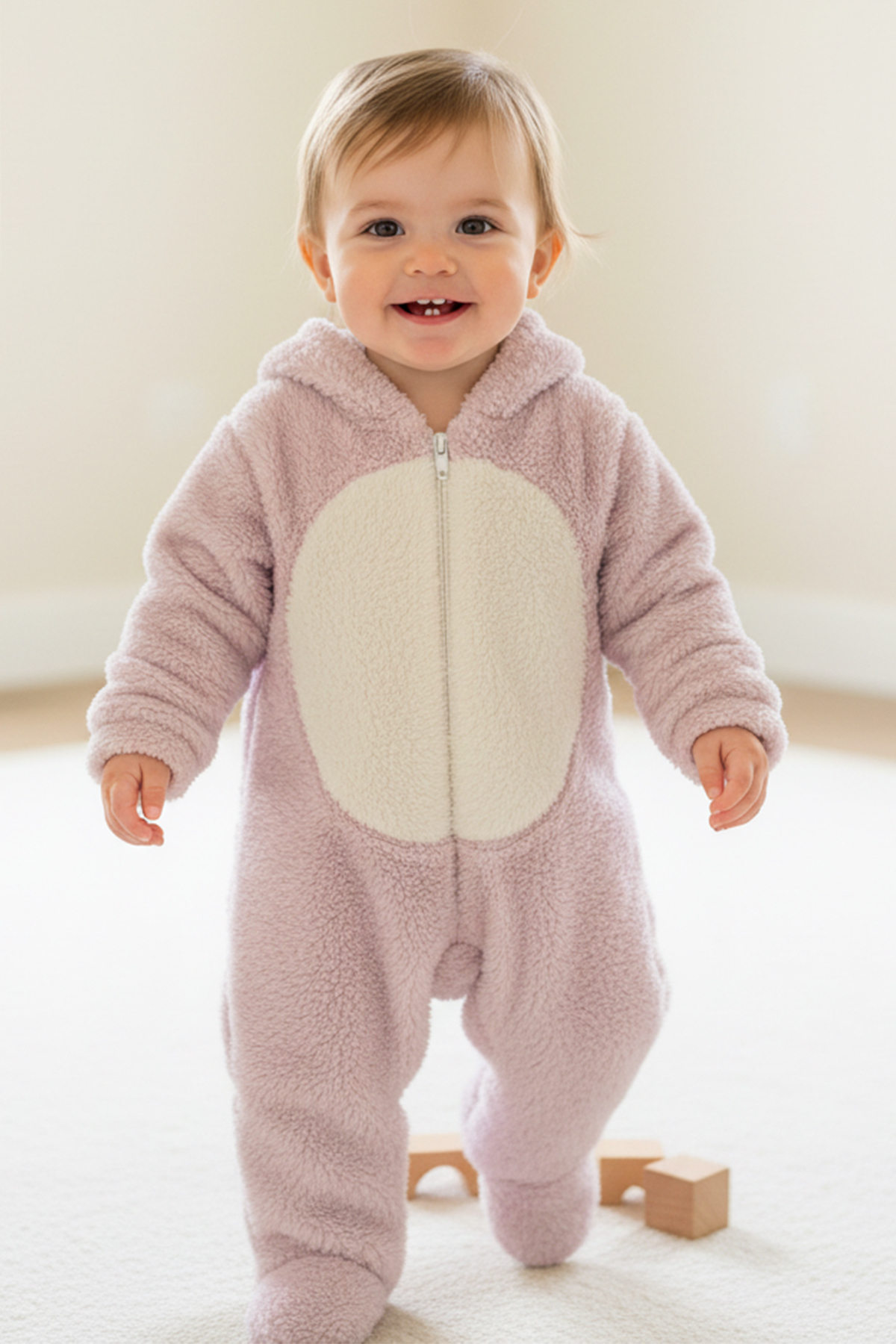 Lindakids Peluş Tavşan Kulaklı Önden Fermuarlı Patikli Welsoft Kumaş Peluş Bebek Tulum fotoğrafı 3 (önizleme)