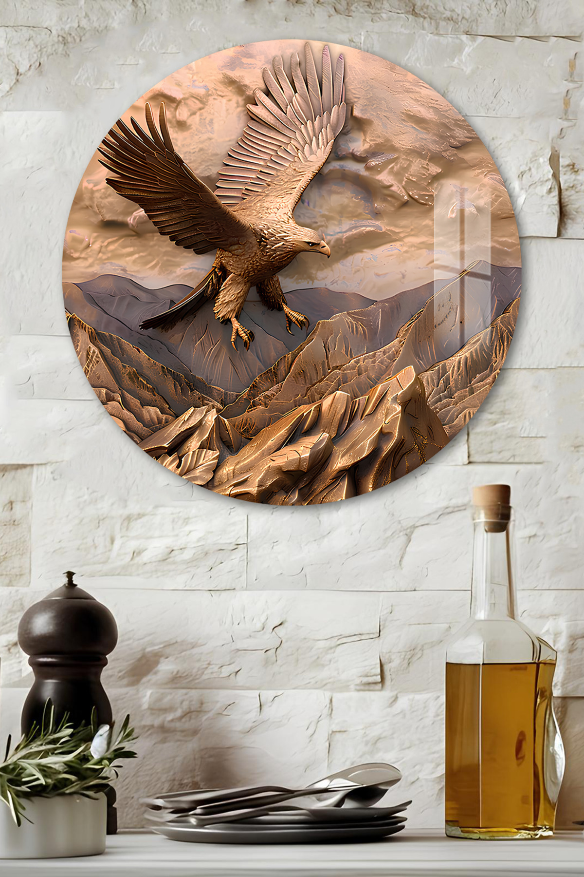 3D Görünümlü Temperli Cam Tablo – Kartal ve Dağ Manzarası Temalı Duvar Süsü UV Baskı 33x33 cm-CDS065